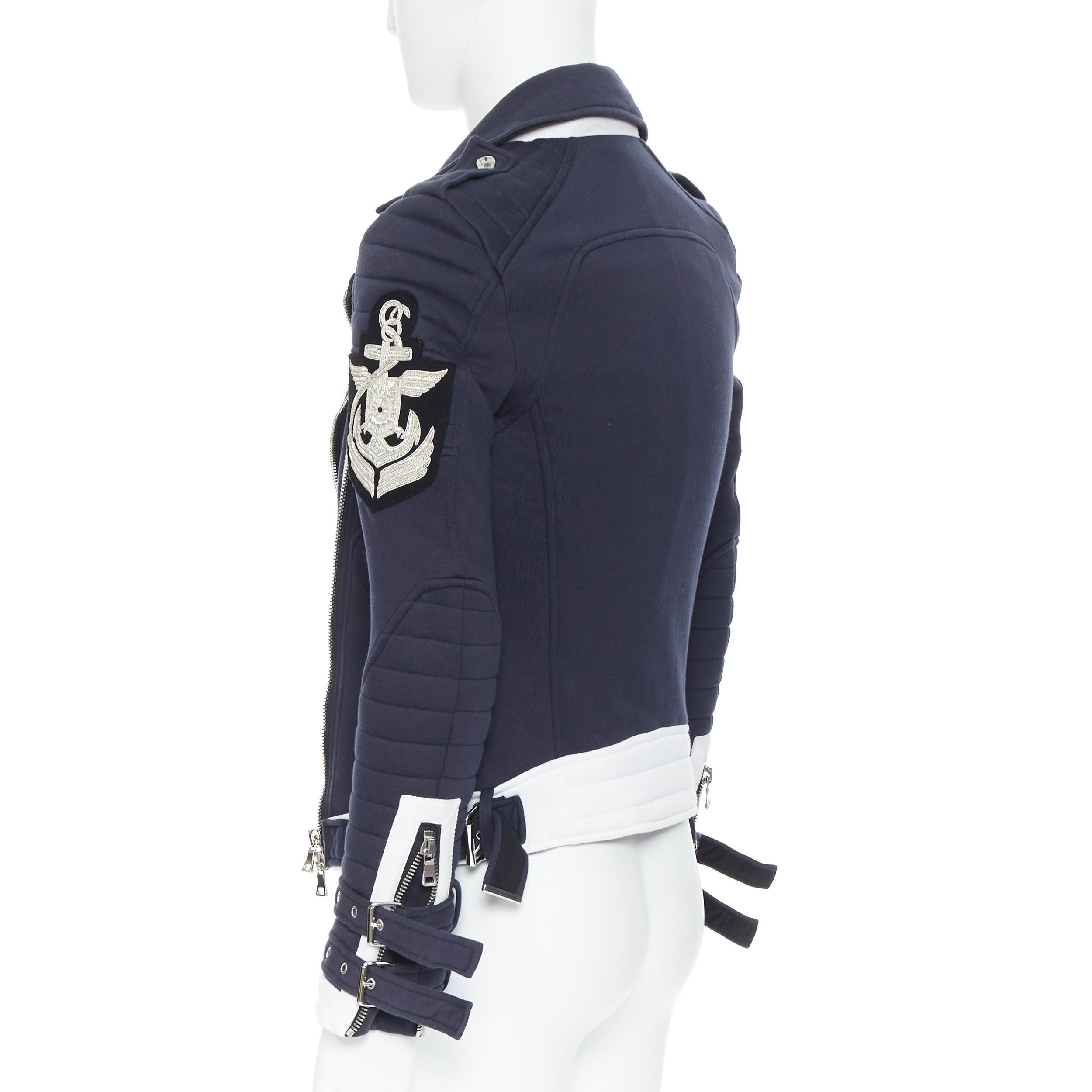 BALMAIN navy cotton nautical embroidery badge ribbed detail biker jacket XS 1