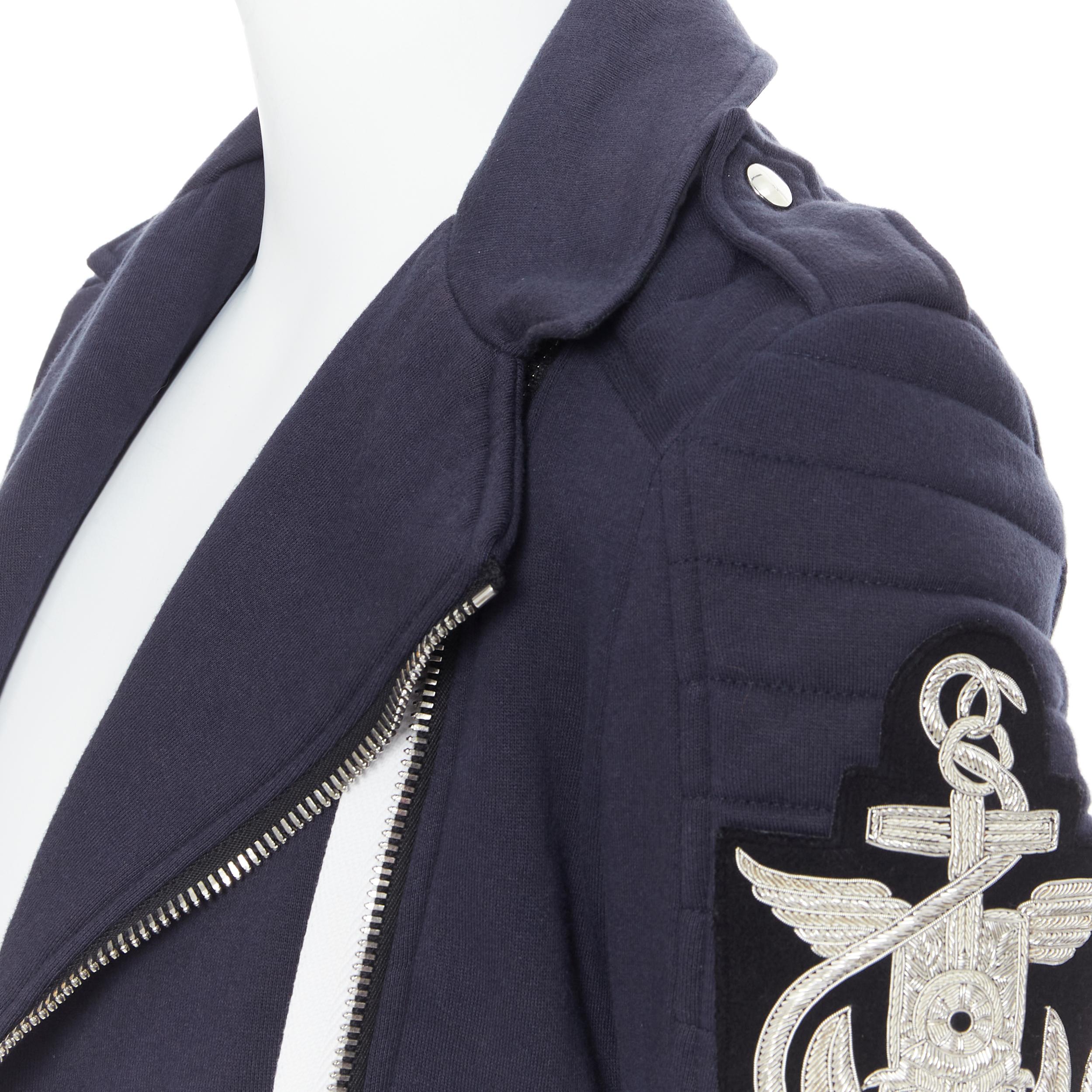 BALMAIN navy cotton nautical embroidery badge ribbed detail biker jacket XS 3