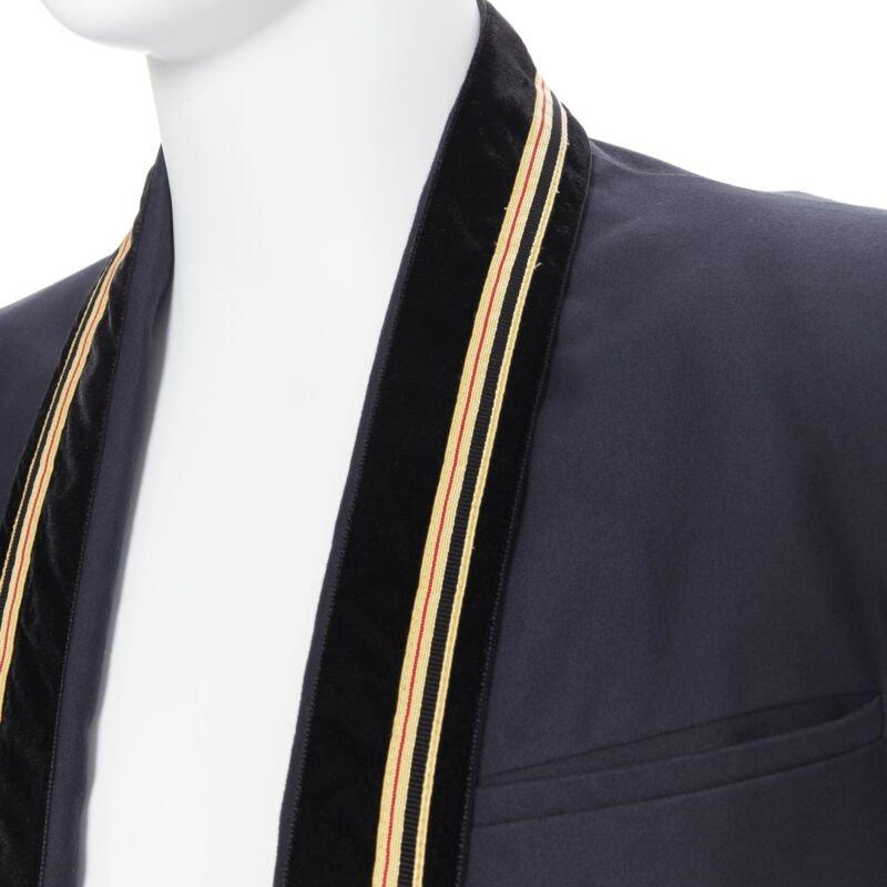 Black BALMAIN navy cotton velvet military shawl collar double breasted jacket EU52
