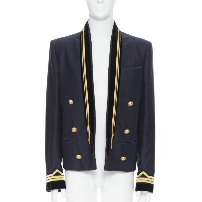 BALMAIN navy cotton velvet military shawl collar double breasted jacket EU52 In New Condition In Hong Kong, NT