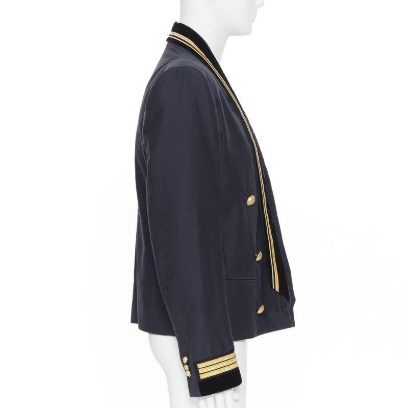 Men's BALMAIN navy cotton velvet military shawl collar double breasted jacket EU52