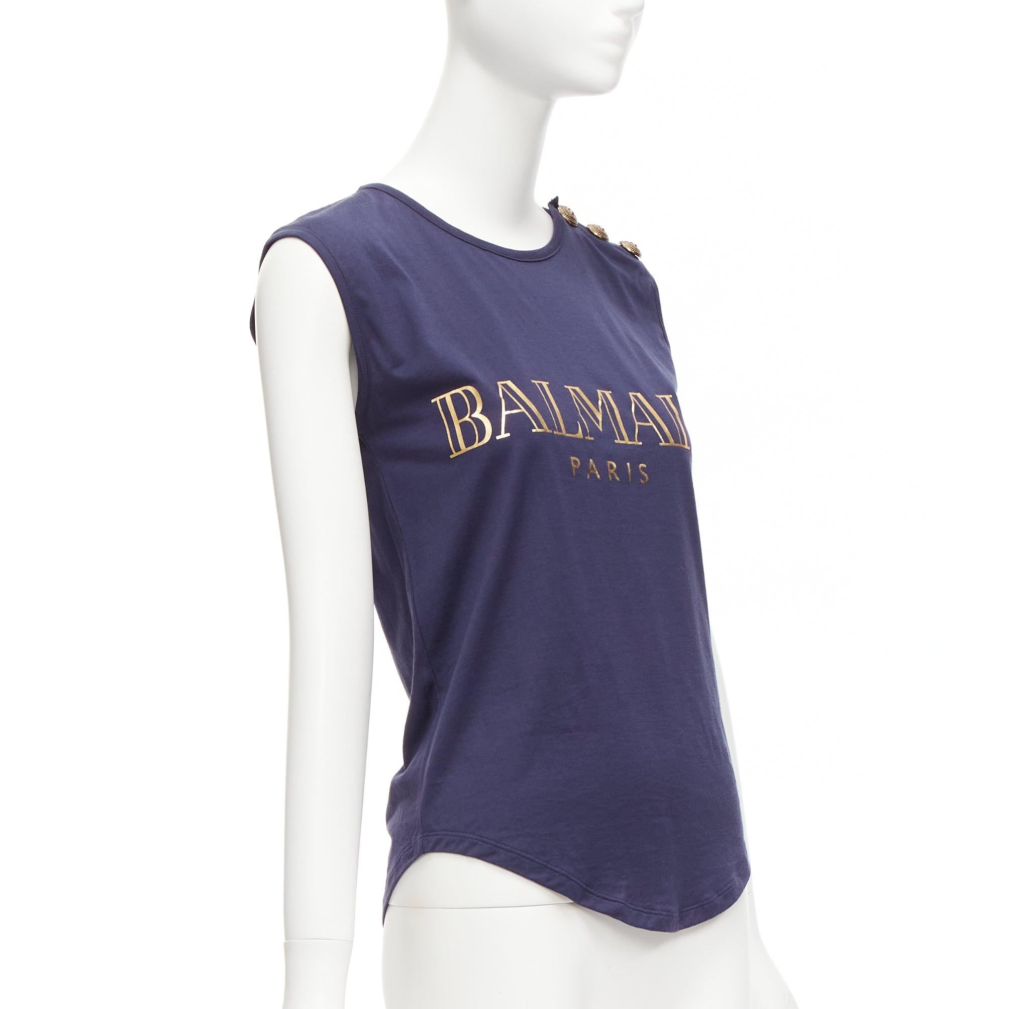 BALMAIN navy gold foil logo military button shoulder tank top FR34 XS In Good Condition For Sale In Hong Kong, NT