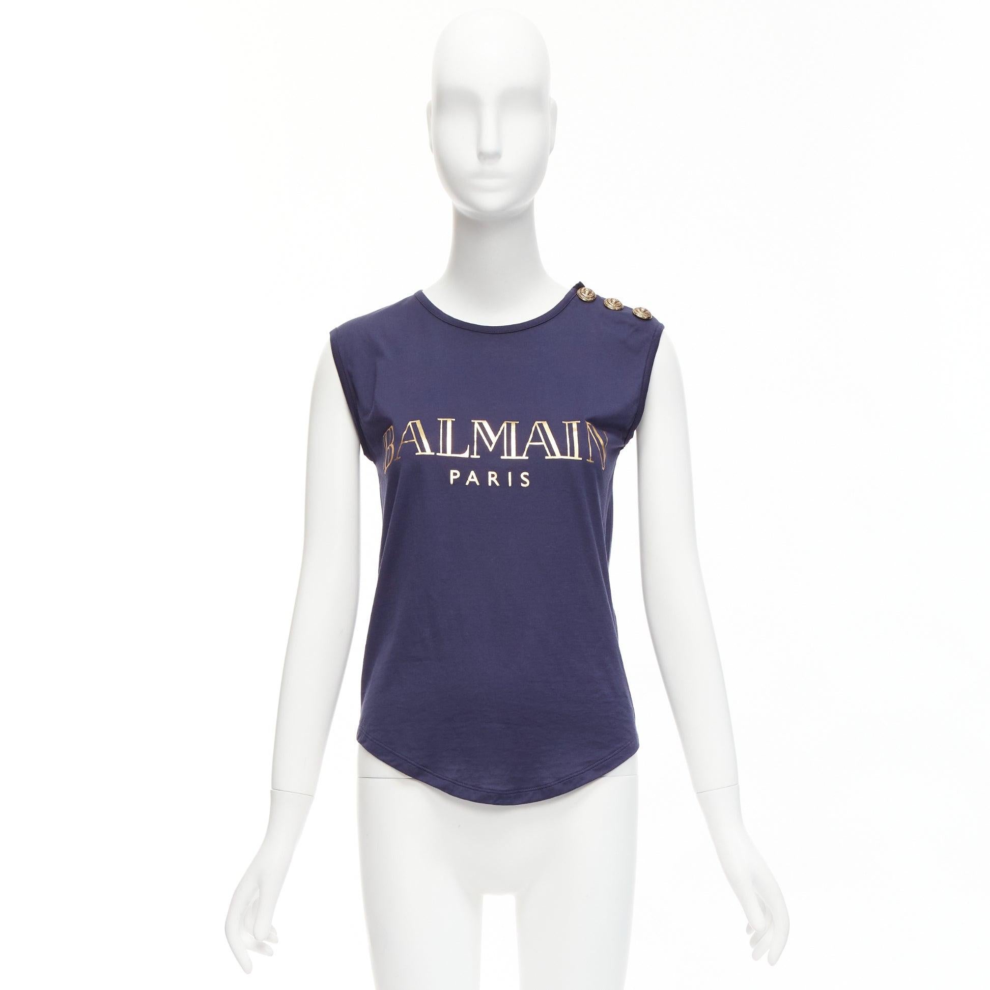 BALMAIN Débardeur militaire boutonné or bleu marine FR34 XS en vente 4