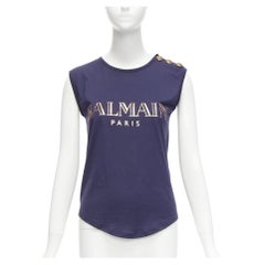 BALMAIN navy gold foil logo military button shoulder tank top FR34 XS