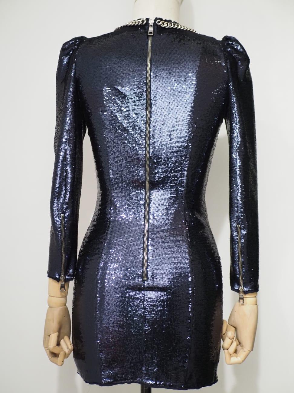 Balmain Navy sequined mini dress with silver chains For Sale 10