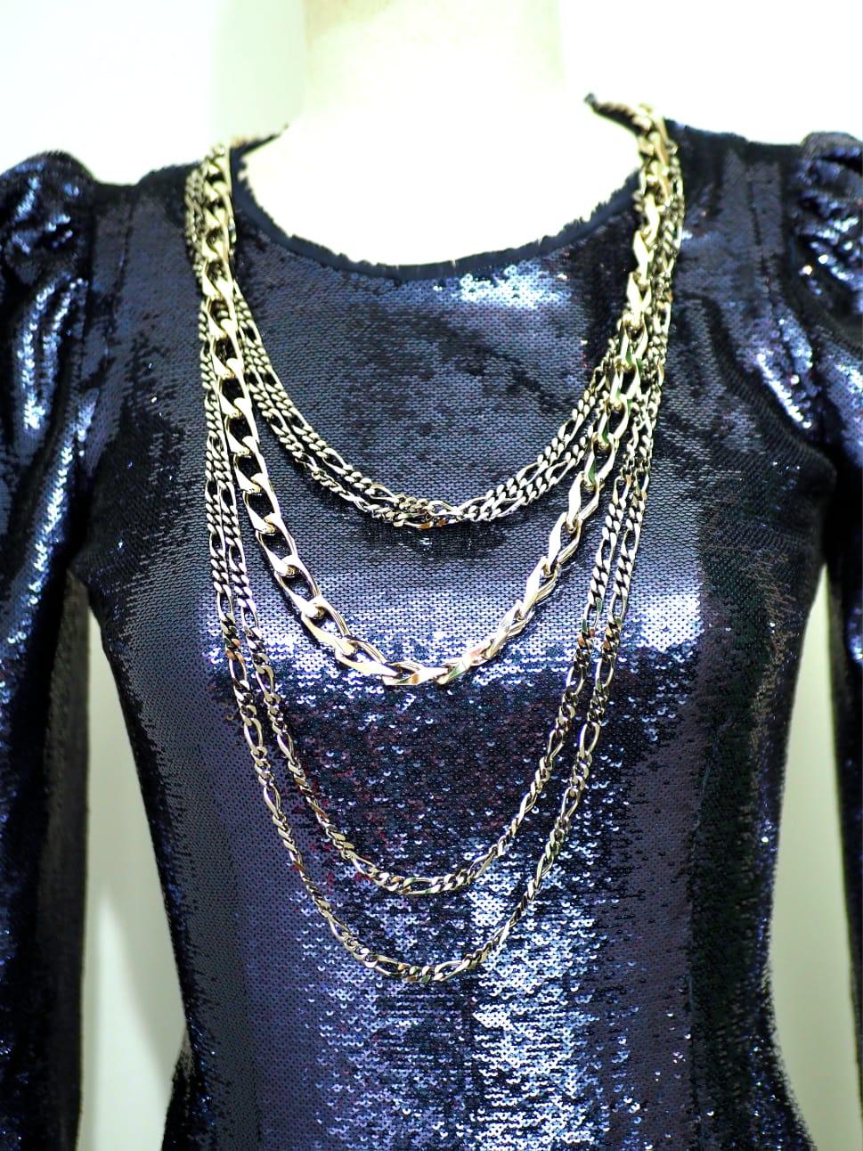 Balmain Navy sequined mini dress with silver chains For Sale 11