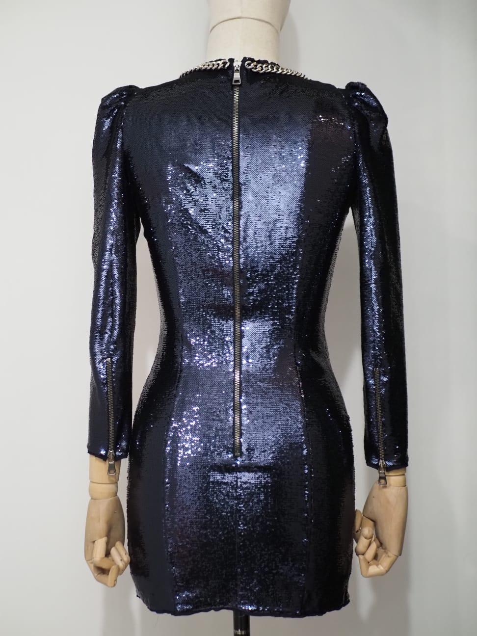 Balmain Navy sequined mini dress with silver chains In Excellent Condition For Sale In Capri, IT