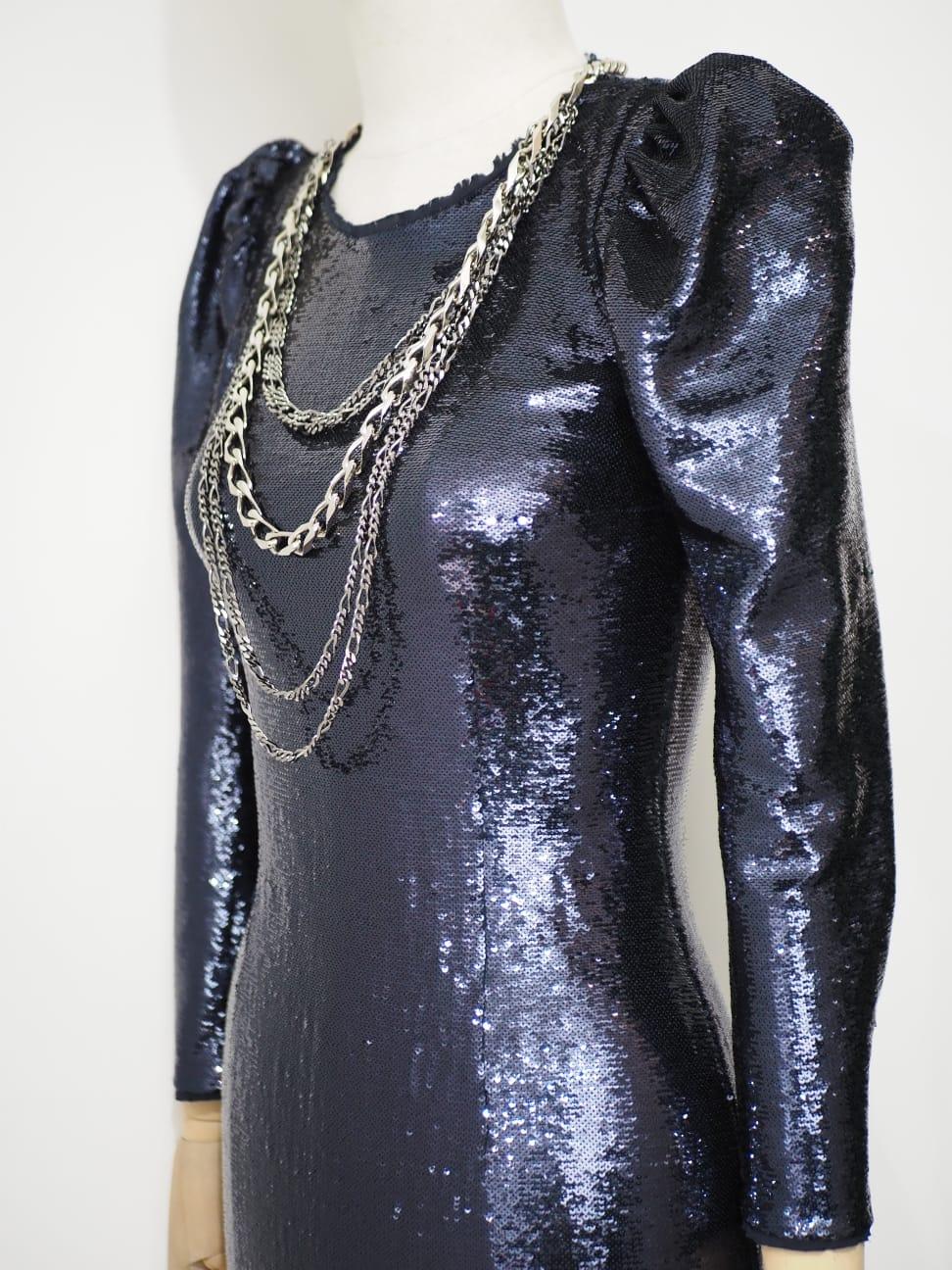 Balmain Navy sequined mini dress with silver chains For Sale 1