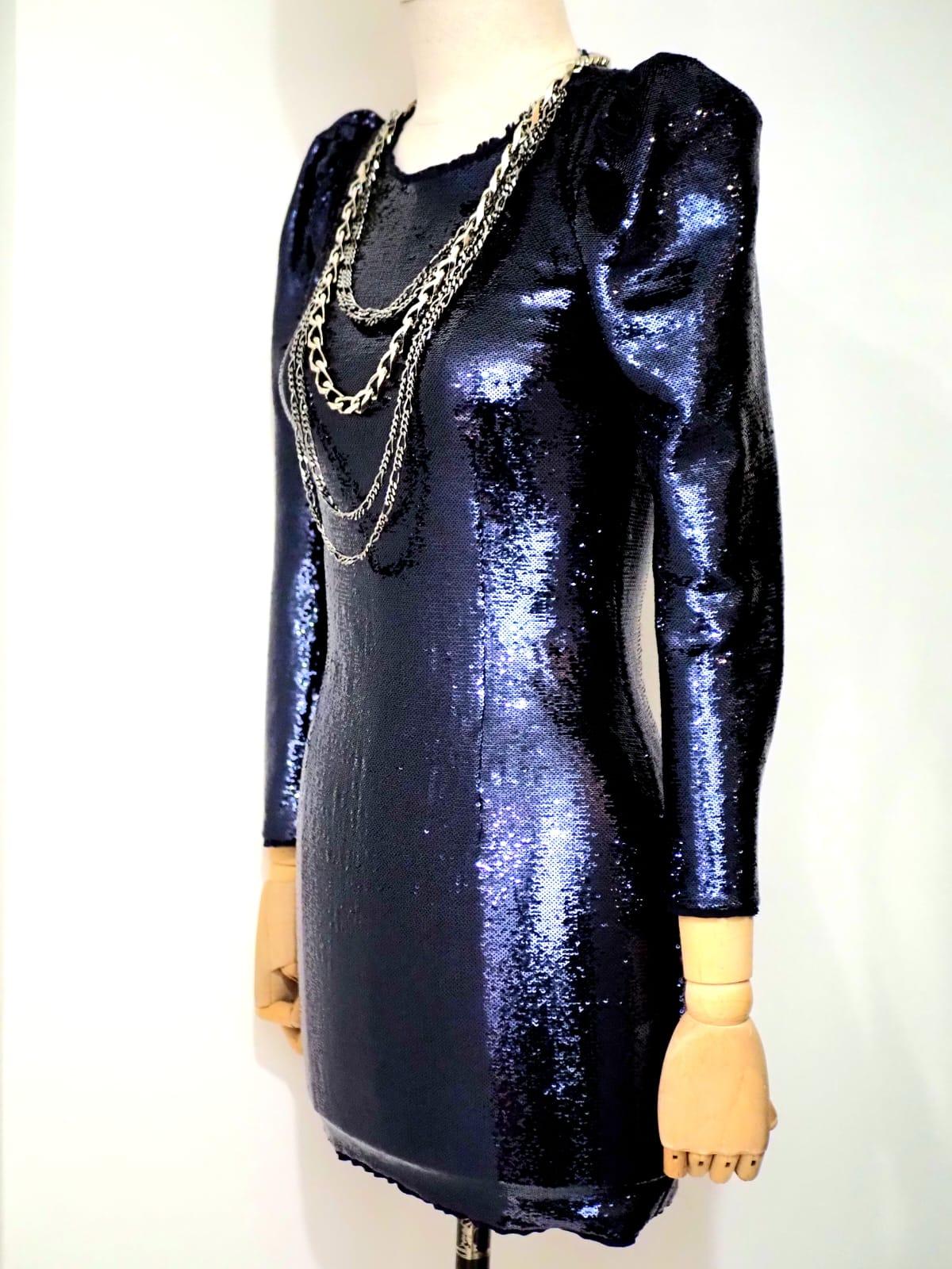 Balmain Navy sequined mini dress with silver chains For Sale 2