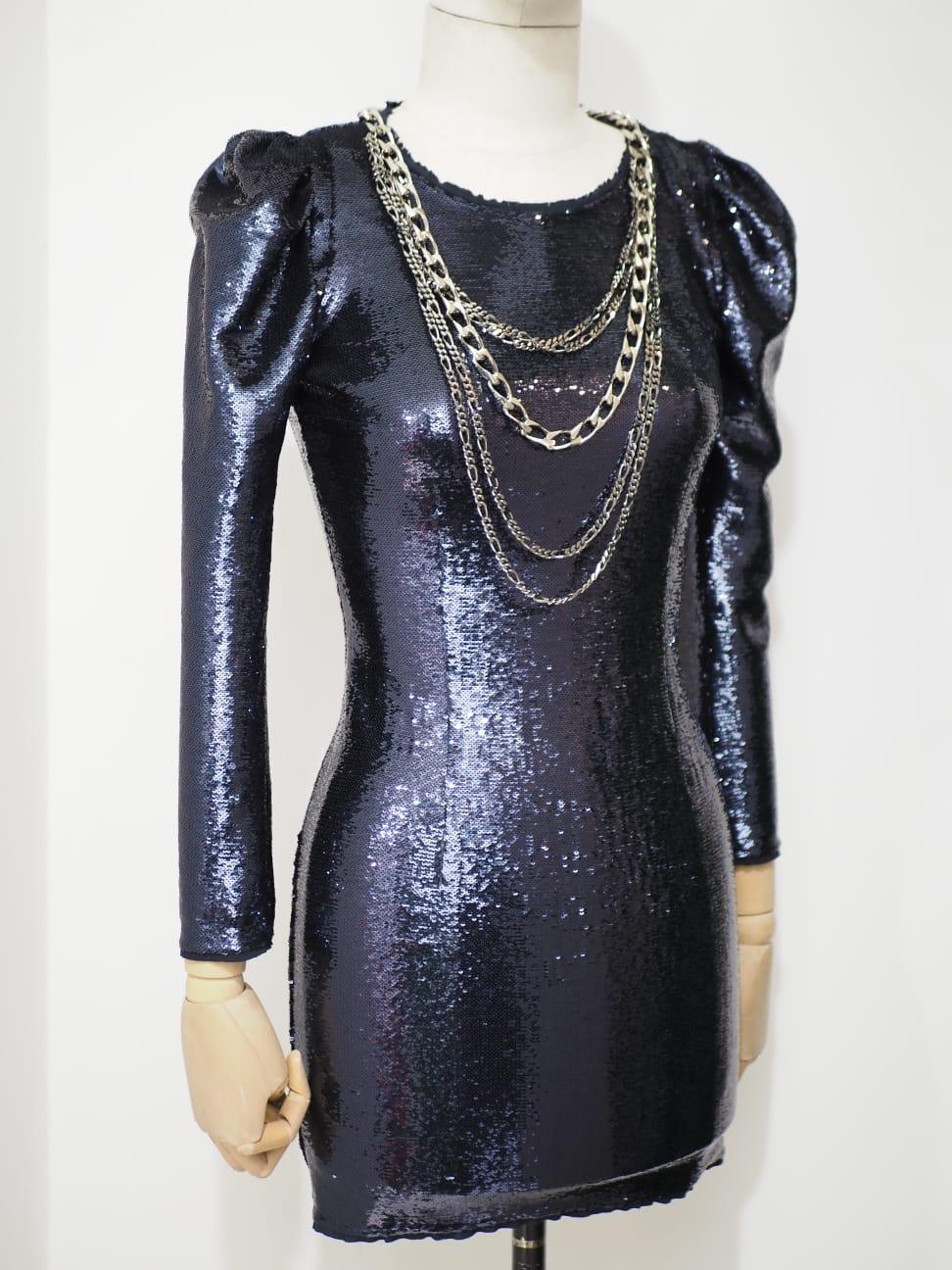 Balmain Navy sequined mini dress with silver chains For Sale 3