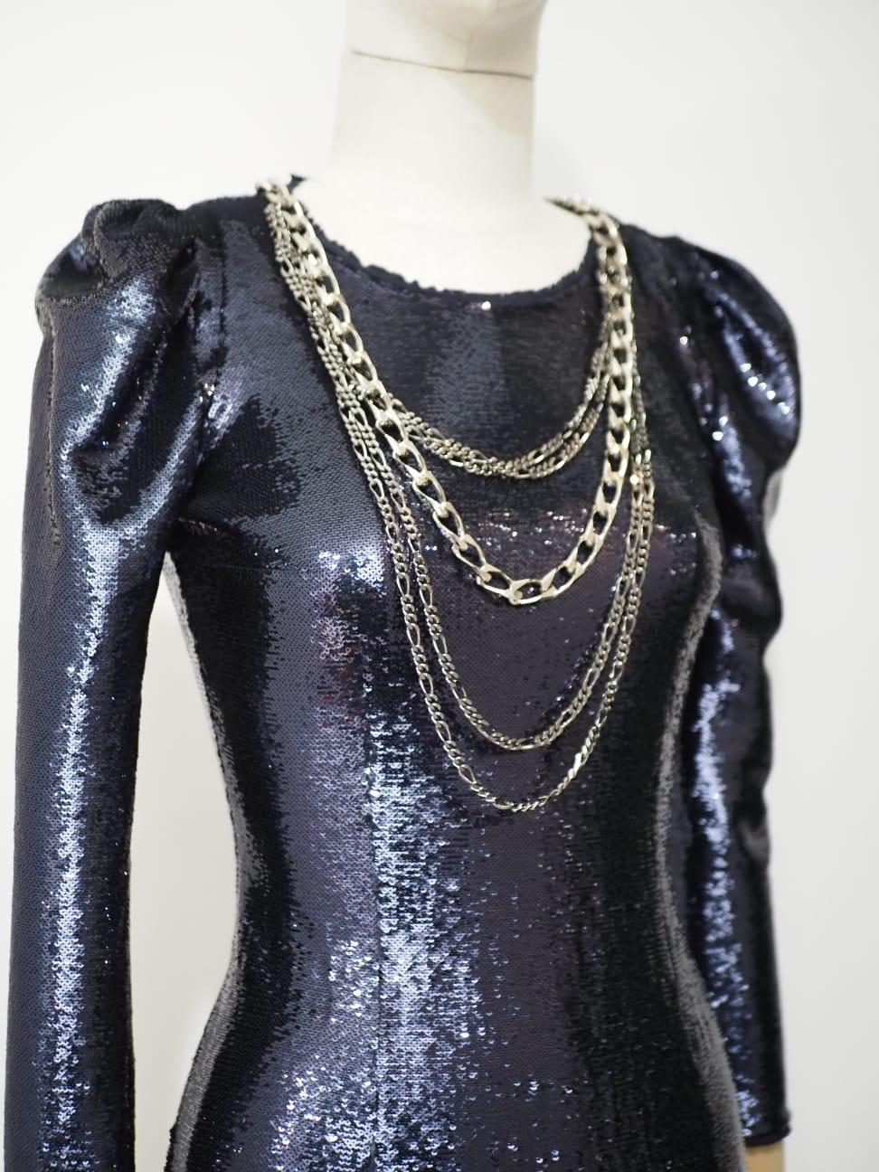 Balmain Navy sequined mini dress with silver chains For Sale 4
