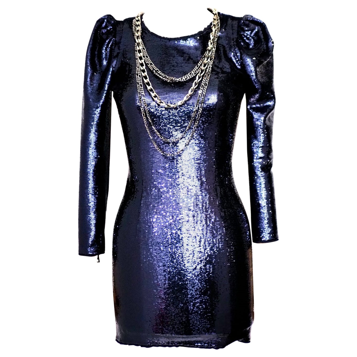 Balmain Minivestido azul marino de lentejuelas con cadenas plateadas