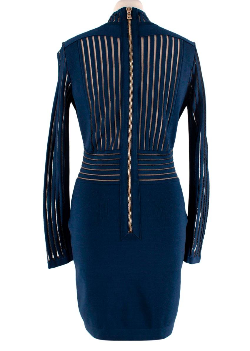 Nero Balmain Navy Vestito a maniche lunghe a coste con pannelli trasparenti EU 38, US 6 in vendita