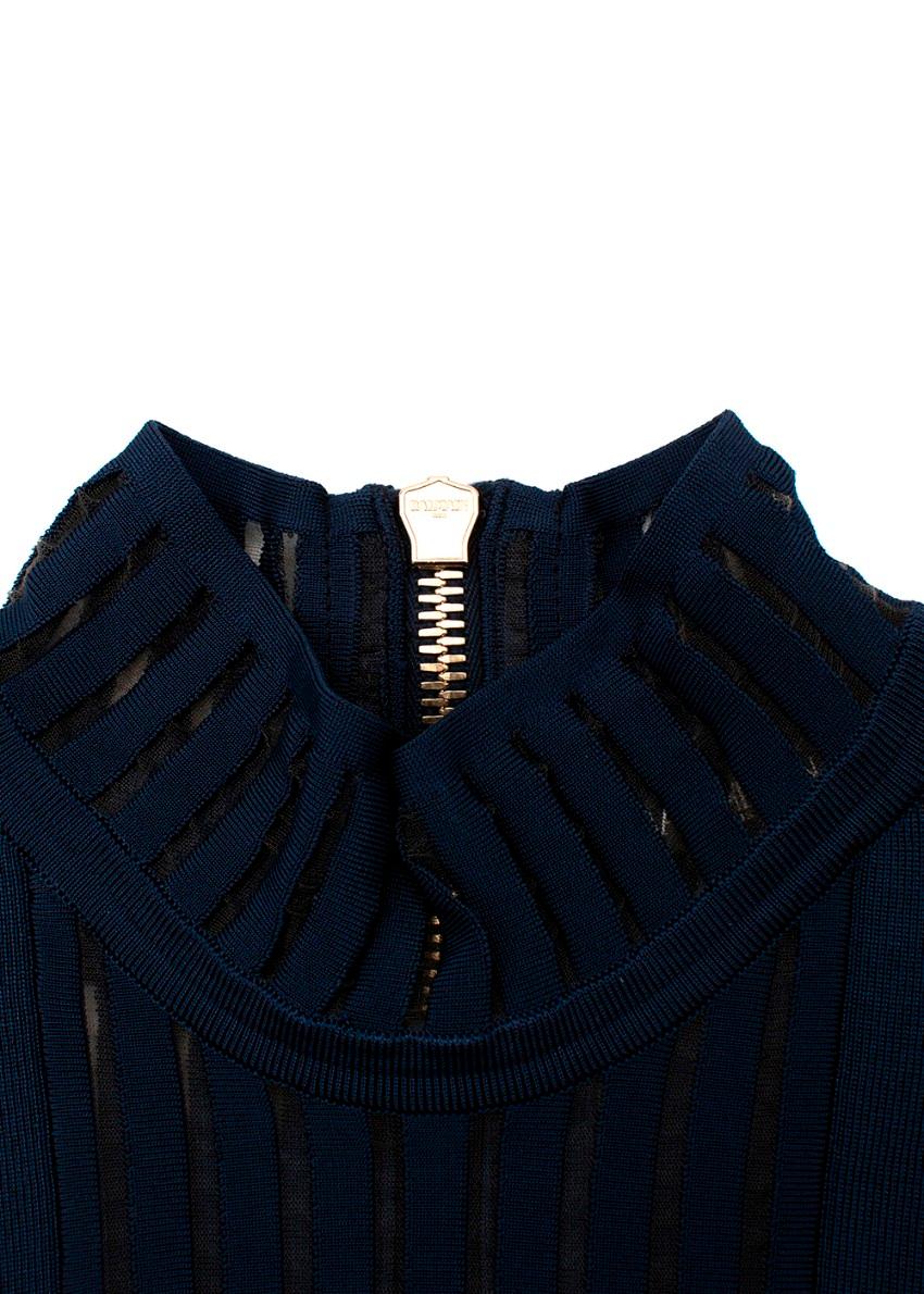 Balmain Navy Vestito a maniche lunghe a coste con pannelli trasparenti EU 38, US 6 In condizioni ottime in vendita a London, GB