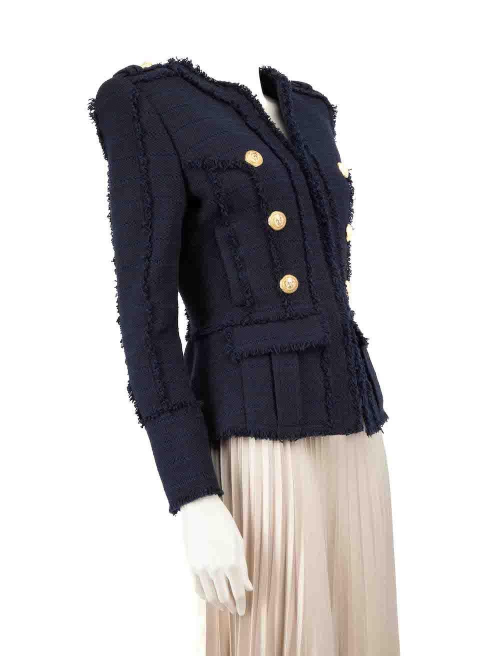 CONDITION is Very good. Hardly any visible wear to jacket is evident on this used Balmain designer resale item.
 
 
 
 Details
 
 
 Navy
 
 Synthetic
 
 Fitted jacket
 
 Mid length
 
 Gold tone logo buttons
 
 Logo snap buttoned cuffs
 
 Hook and
