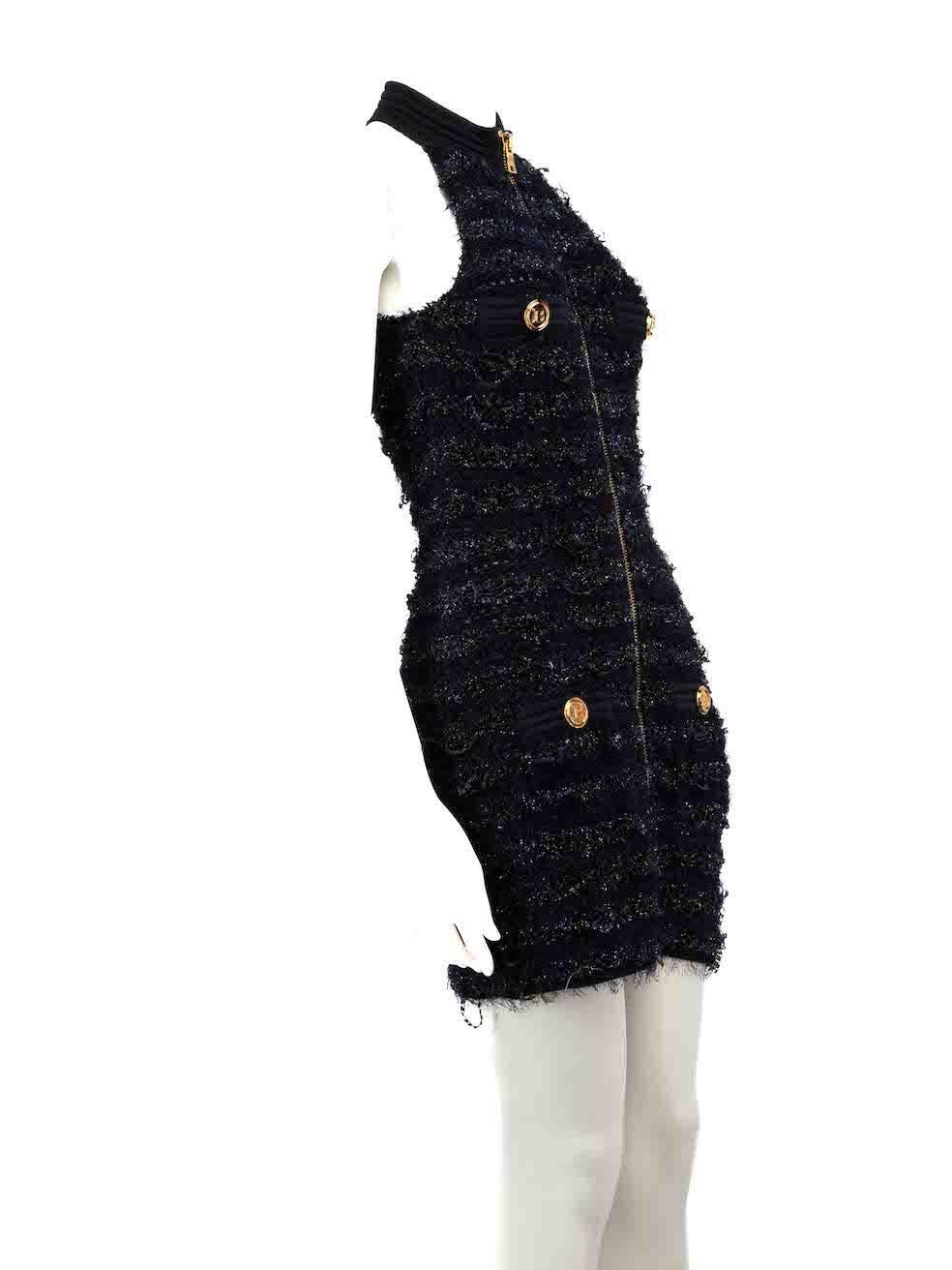 CONDITION is Very good. Minimal wear to dress is evident. Minimal pull to tweed on the back of dress on this used Balmain designer resale item. Please note the ribbed neck is deliberately distressed.
 
 
 
 Details
 
 
 Navy
 
 Tweed
 
 Mini bodycon