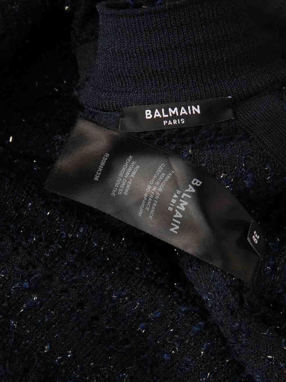 Balmain Navy Tweed Zip Front High Neck Dress Size M For Sale 3