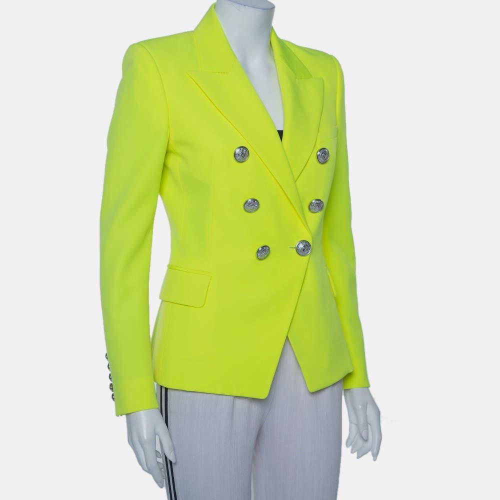 Balmain Neon Yellow Wool Double Breasted Button Front Blazer M In Excellent Condition For Sale In Dubai, Al Qouz 2