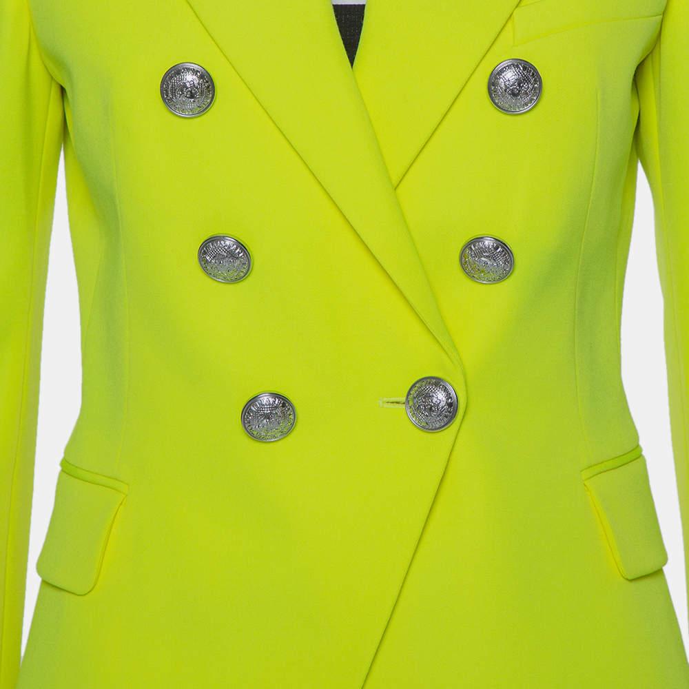 Balmain Neon Yellow Wool Double Breasted Button Front Blazer M For Sale 2
