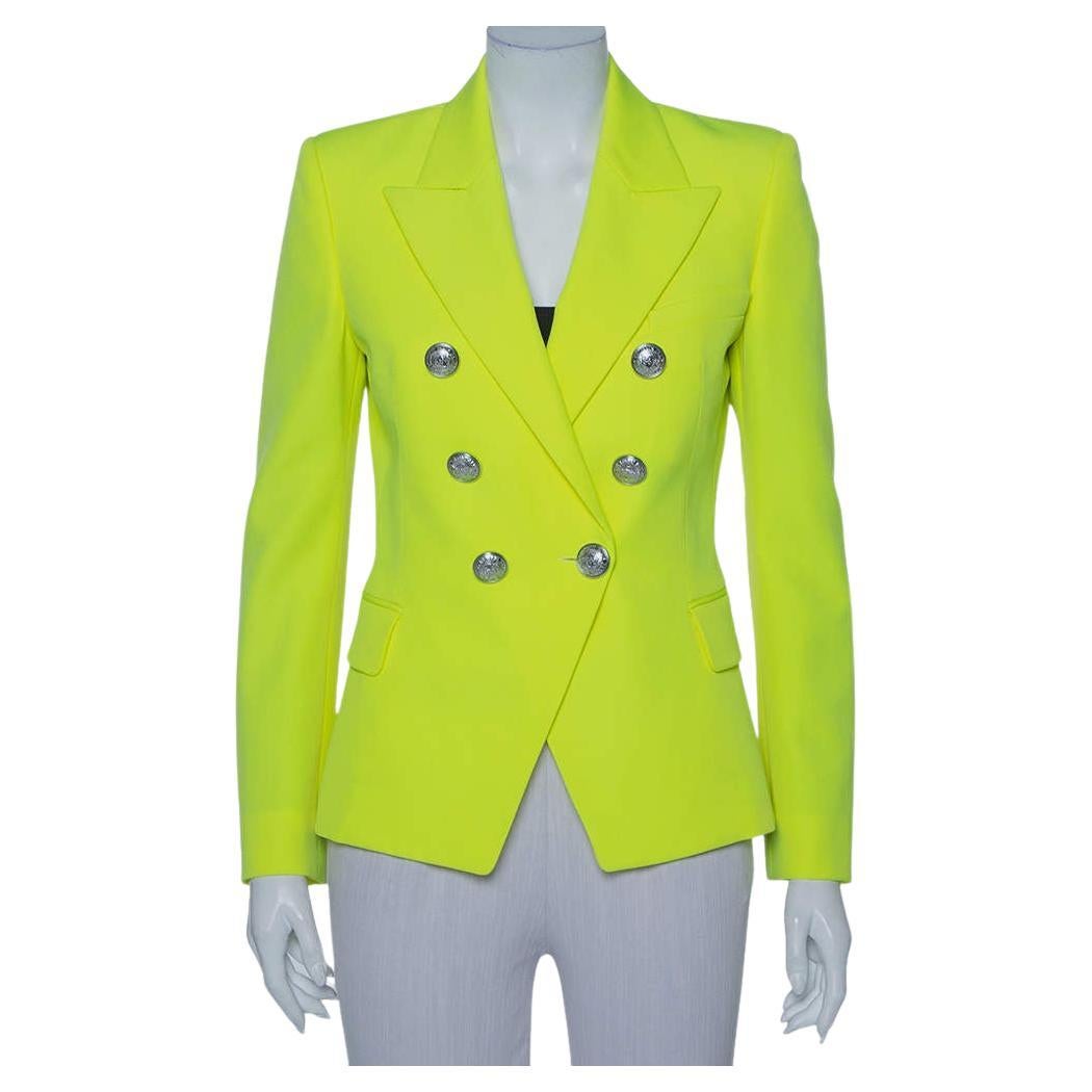 Balmain Neon Yellow Wool Double Breasted Button Front Blazer M For Sale