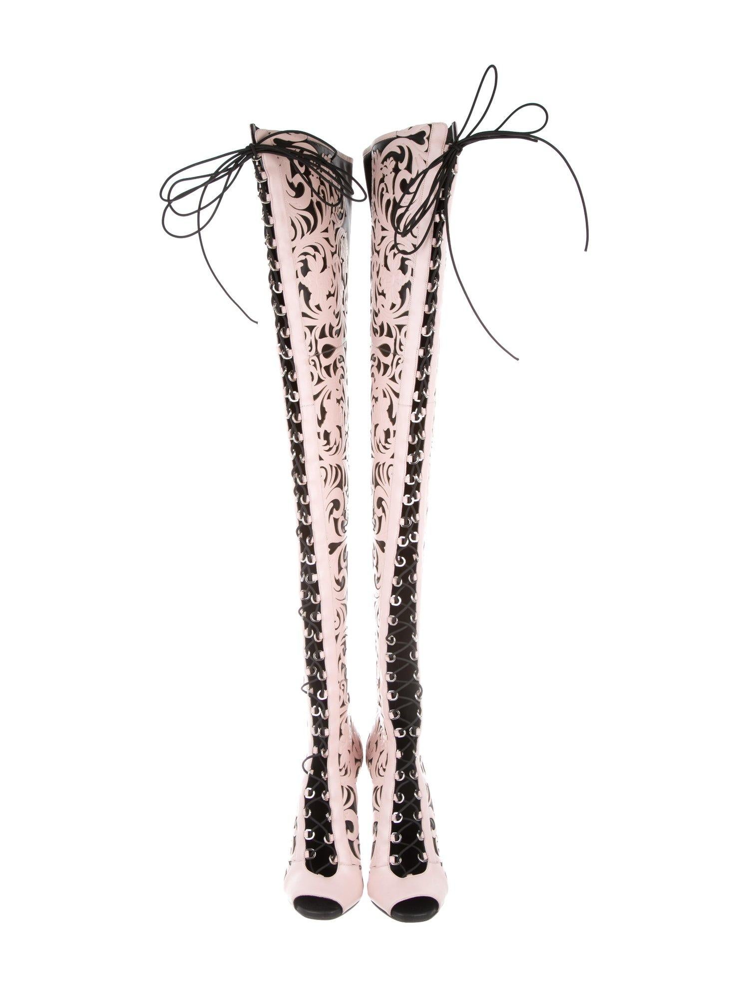 Balmain NEW Runway Pink Black Leather Lace Up Evening Thigh High Boots in Box

Size FR 37
Leather
Lace up closure 
Made in France 
Calf circumference 18