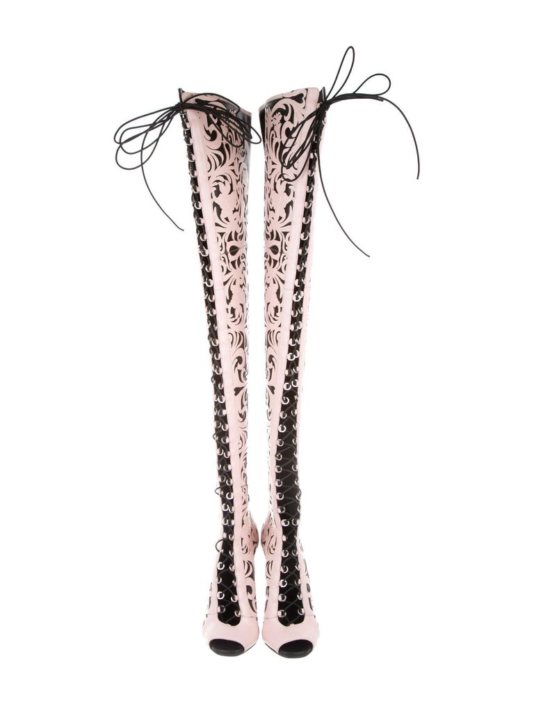BALMAIN 26S LACE UP OPEN TOE BOOTS 95 MM IN PINK FLYKNIT