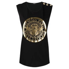 Balmain NEW WITH TAGS Black/ Gold Logo Printed Sleeveless T-Shirt sz EU44 / US12