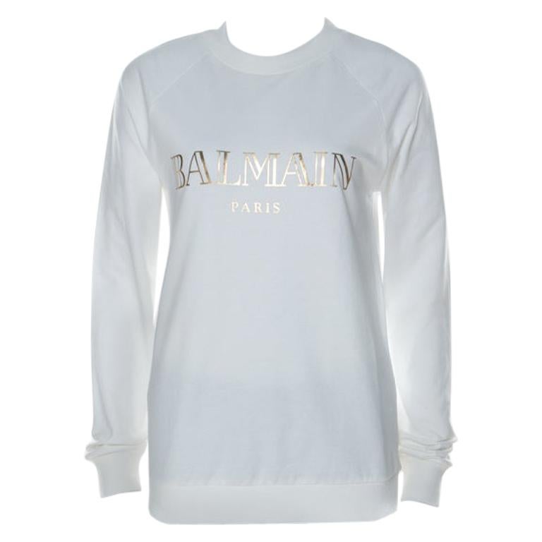 Balmain Off White Cotton Gold Logo Detail Sweatshirt M For Sale at 1stDibs