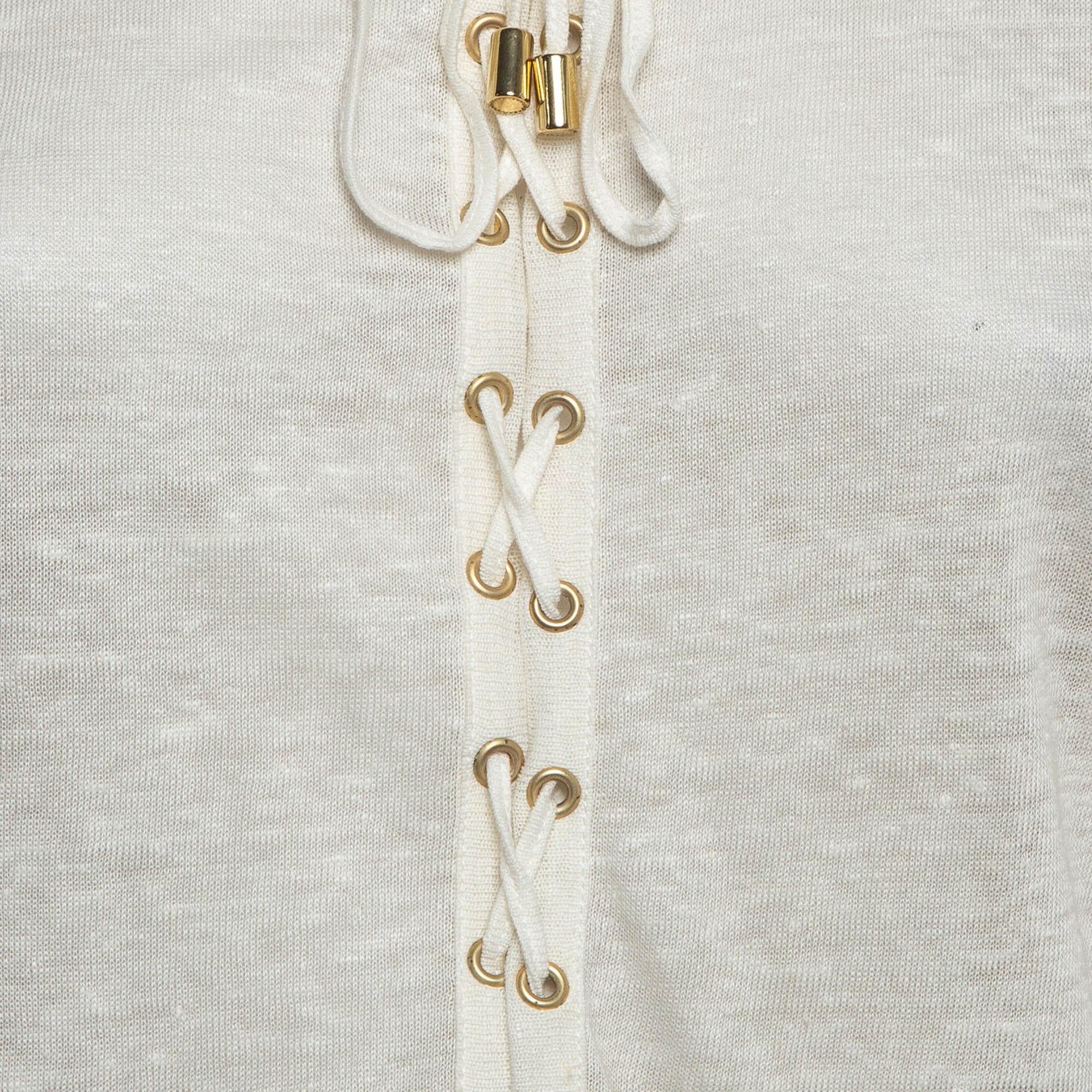 Top con cordones de punto de lino blanco roto Balmain M Gris en venta