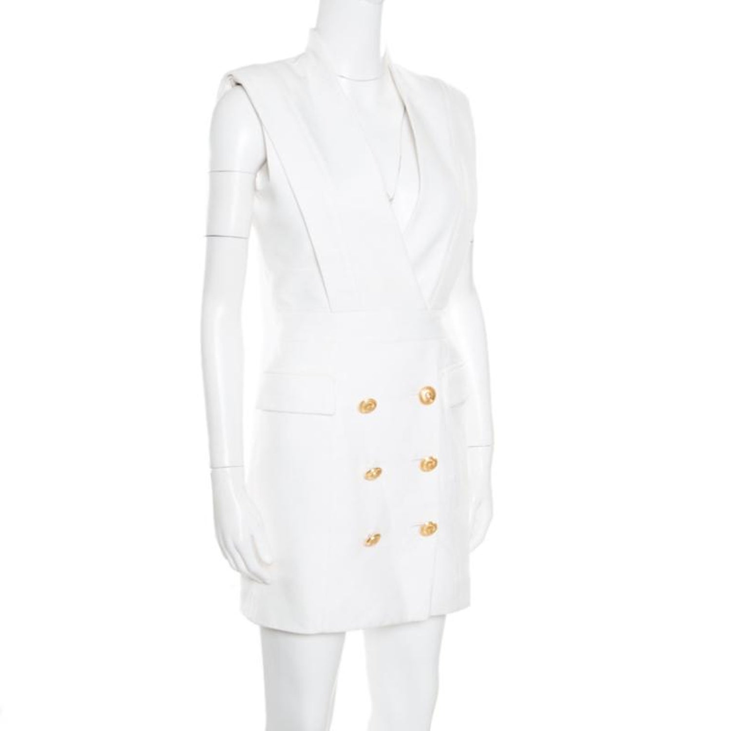 Balmain Off White Plunge Neck Sleeveless Blazer Dress M For Sale at 1stDibs