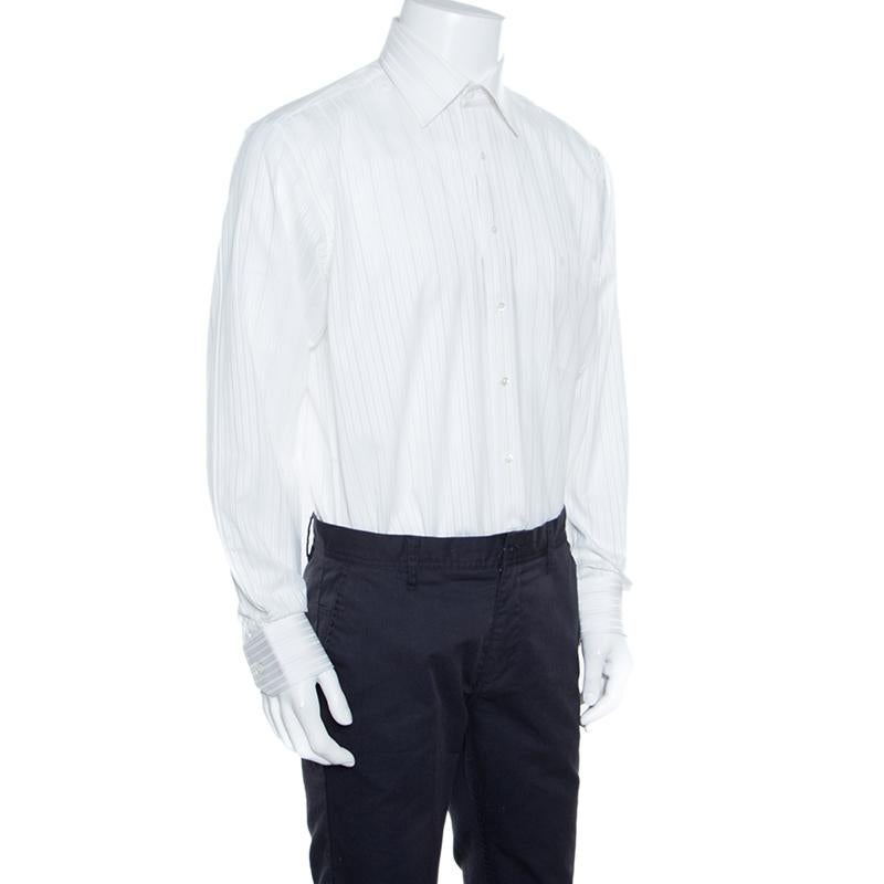 Gray Balmain Off White Striped Cotton Long Sleeve Button Front Two Ply Shirt L
