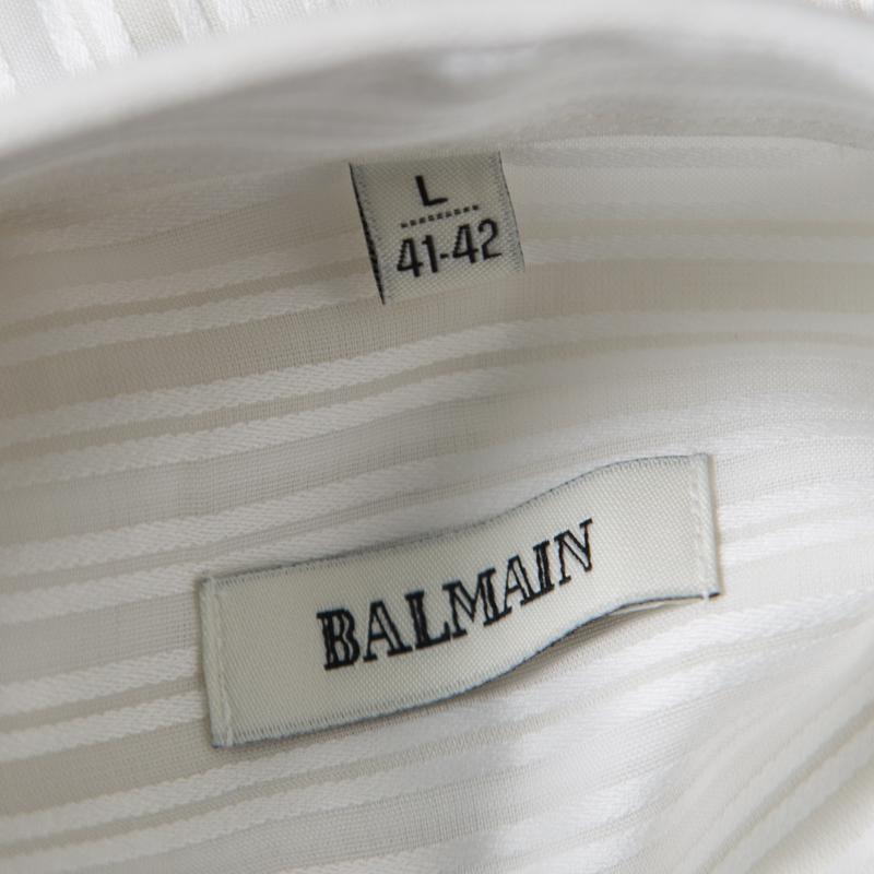 Gray Balmain Off White Striped Cotton Long Sleeve Button Front Two Ply Shirt L