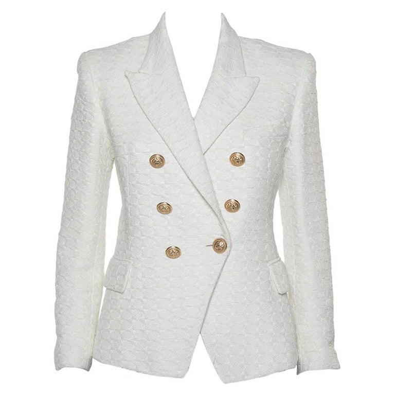 Balmain Off White Tweed Double Breasted Blazer L at 1stDibs