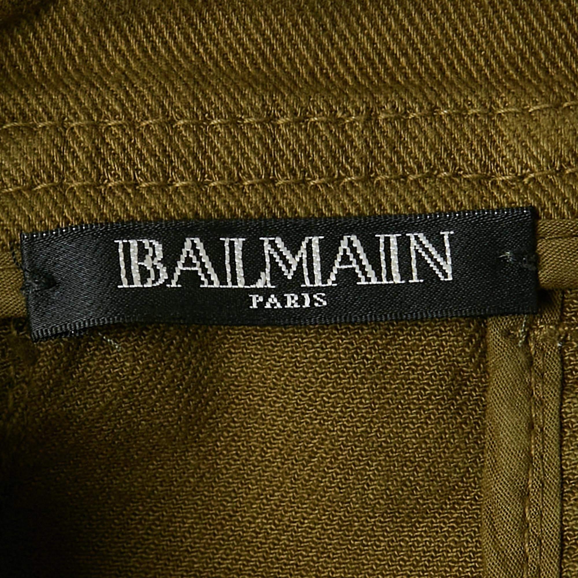 Minigonna Balmain in Greene & Greene con accenti di denim, S In condizioni buone in vendita a Dubai, Al Qouz 2