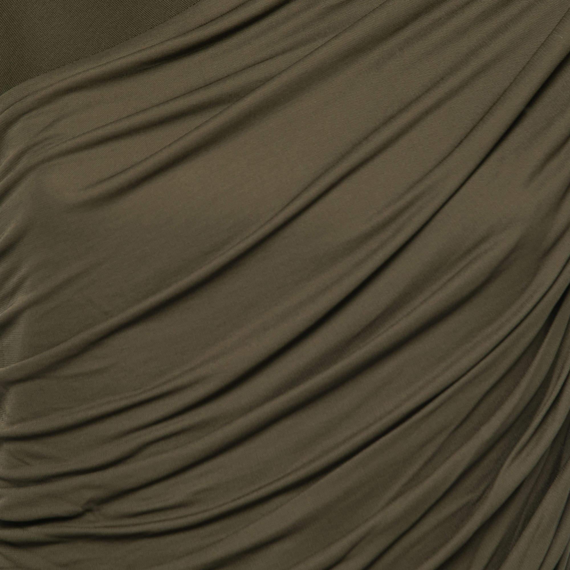 Black Balmain Olive Green Stretch Knit Ruched Mini Dress M For Sale