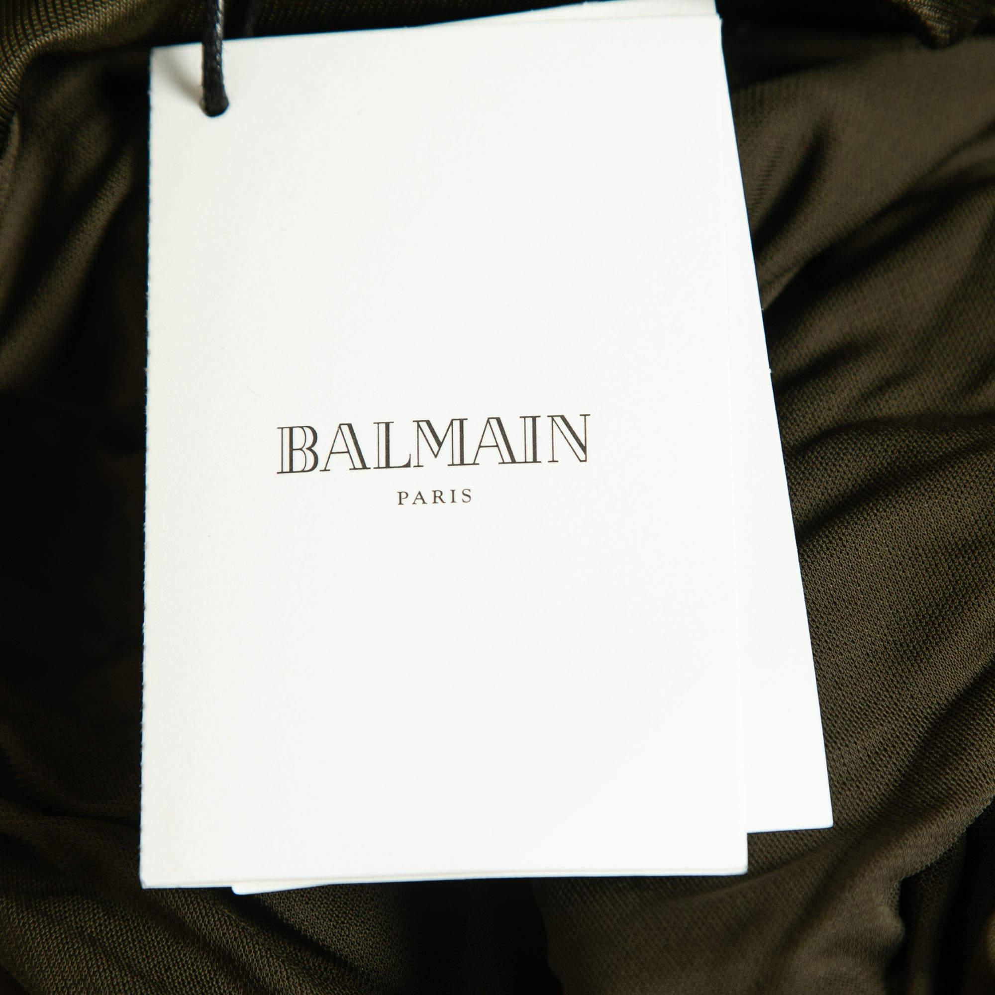 Women's Balmain Olive Green Stretch Knit Ruched Mini Dress M For Sale