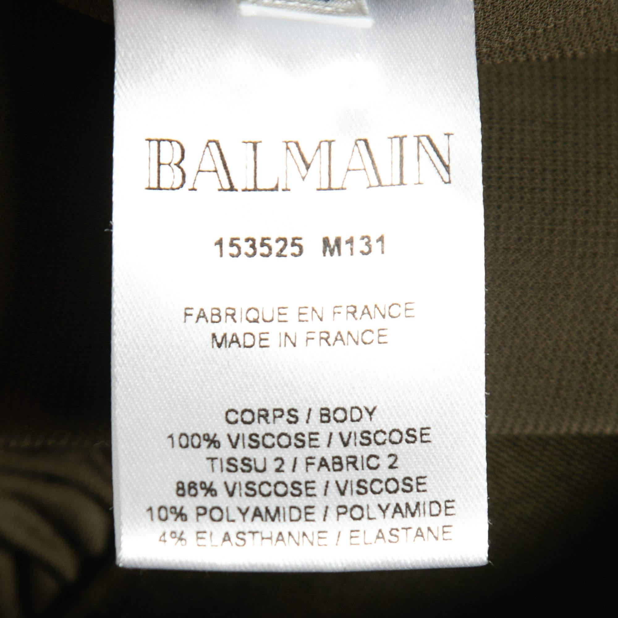 Balmain Olive Green Stretch Knit Ruched Mini Dress M For Sale 1