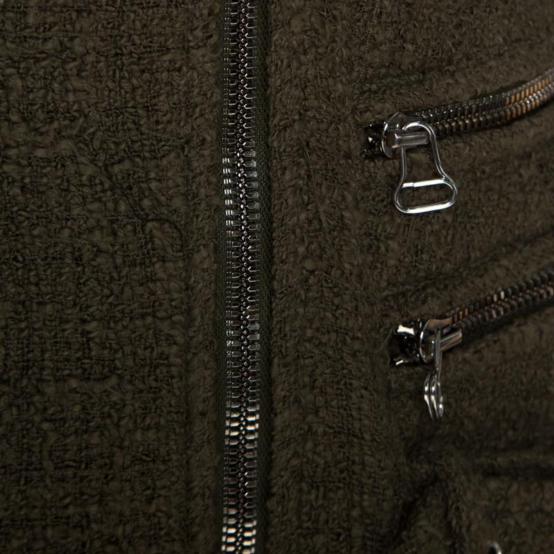Women's Balmain Olive Green Tweed Buckle Detail Zip Front Jacket L