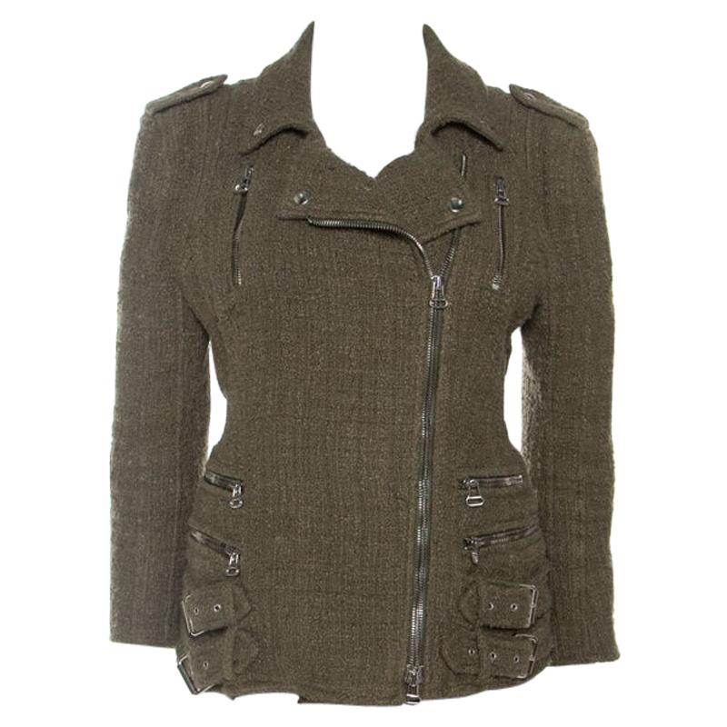 Balmain Olive Green Tweed Buckle Detail Zip Front Jacket L