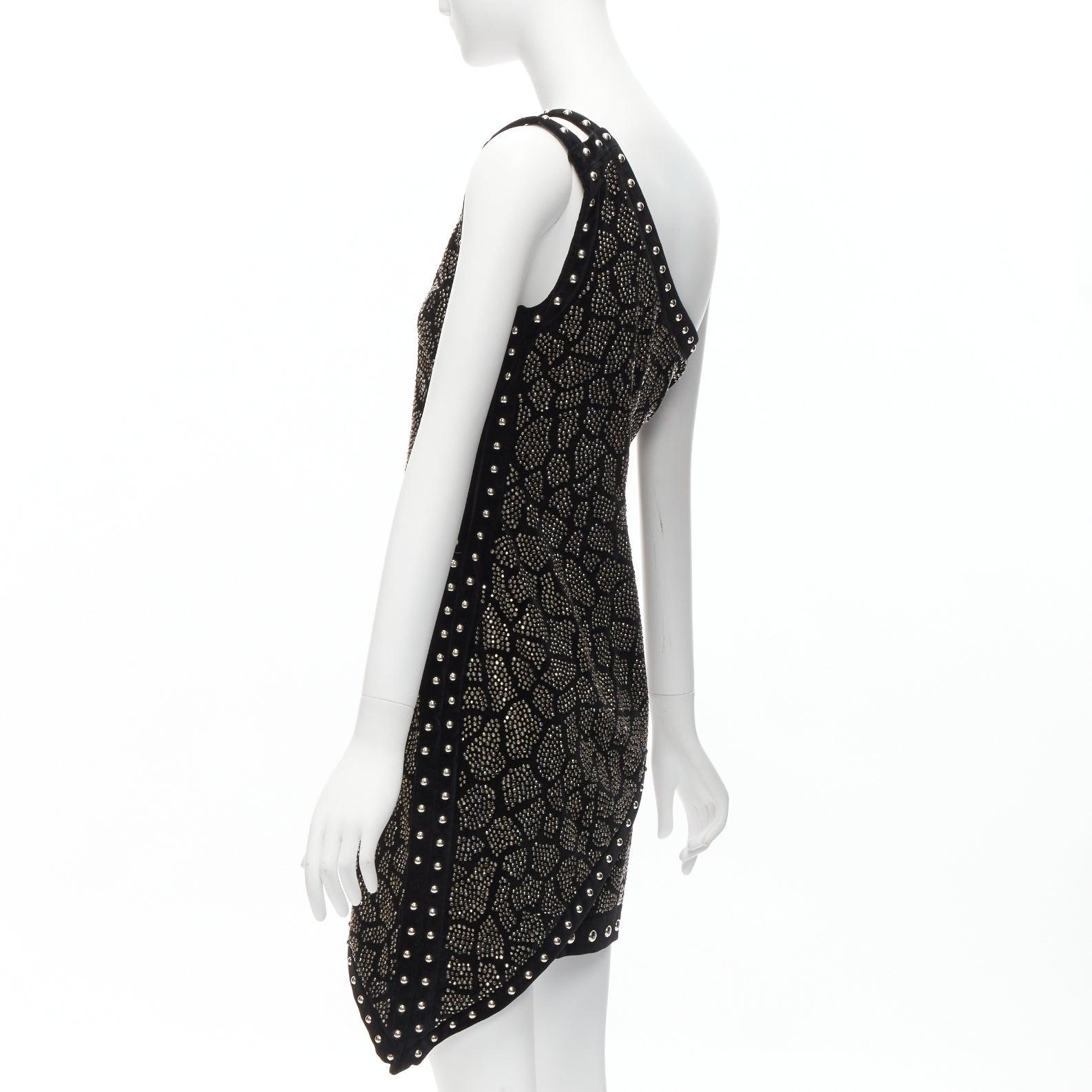 BALMAIN Olivier Rousteing 2017 studded embellished velvet one shoulder dress L For Sale 2