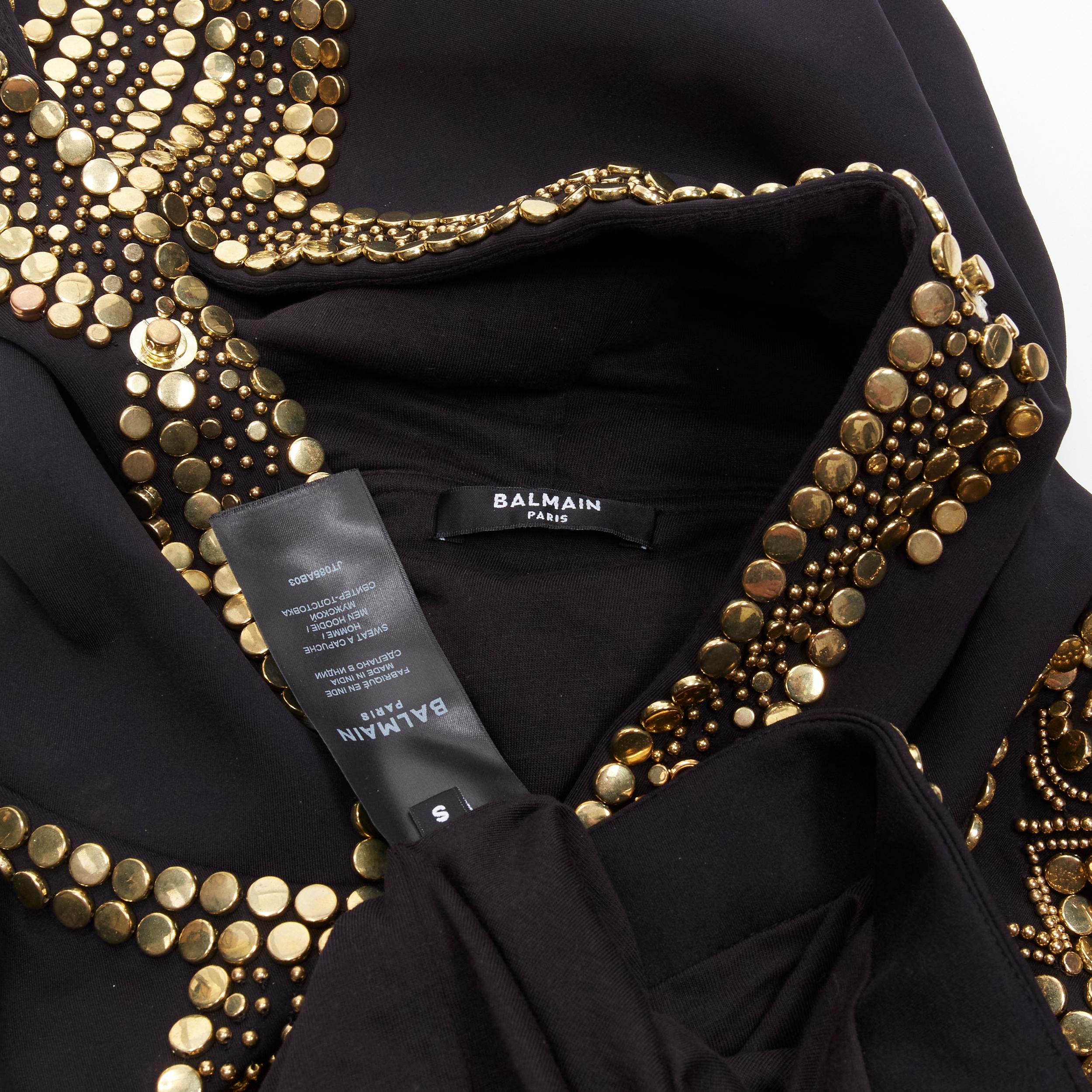 BALMAIN Olivier Rousteing black cotton gold allover studded hoodie sweatshirt S 5