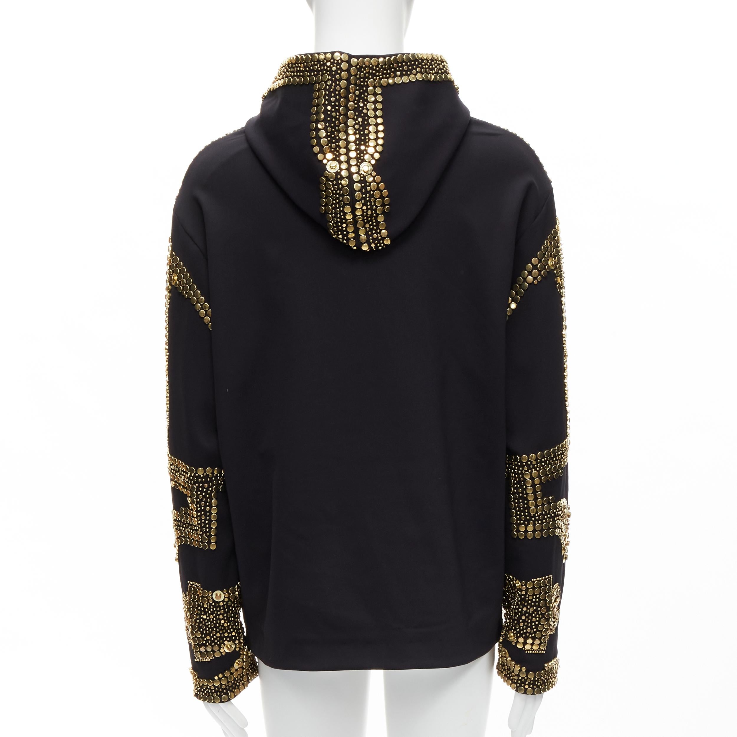 BALMAIN Olivier Rousteing black cotton gold allover studded hoodie sweatshirt S In Excellent Condition In Hong Kong, NT