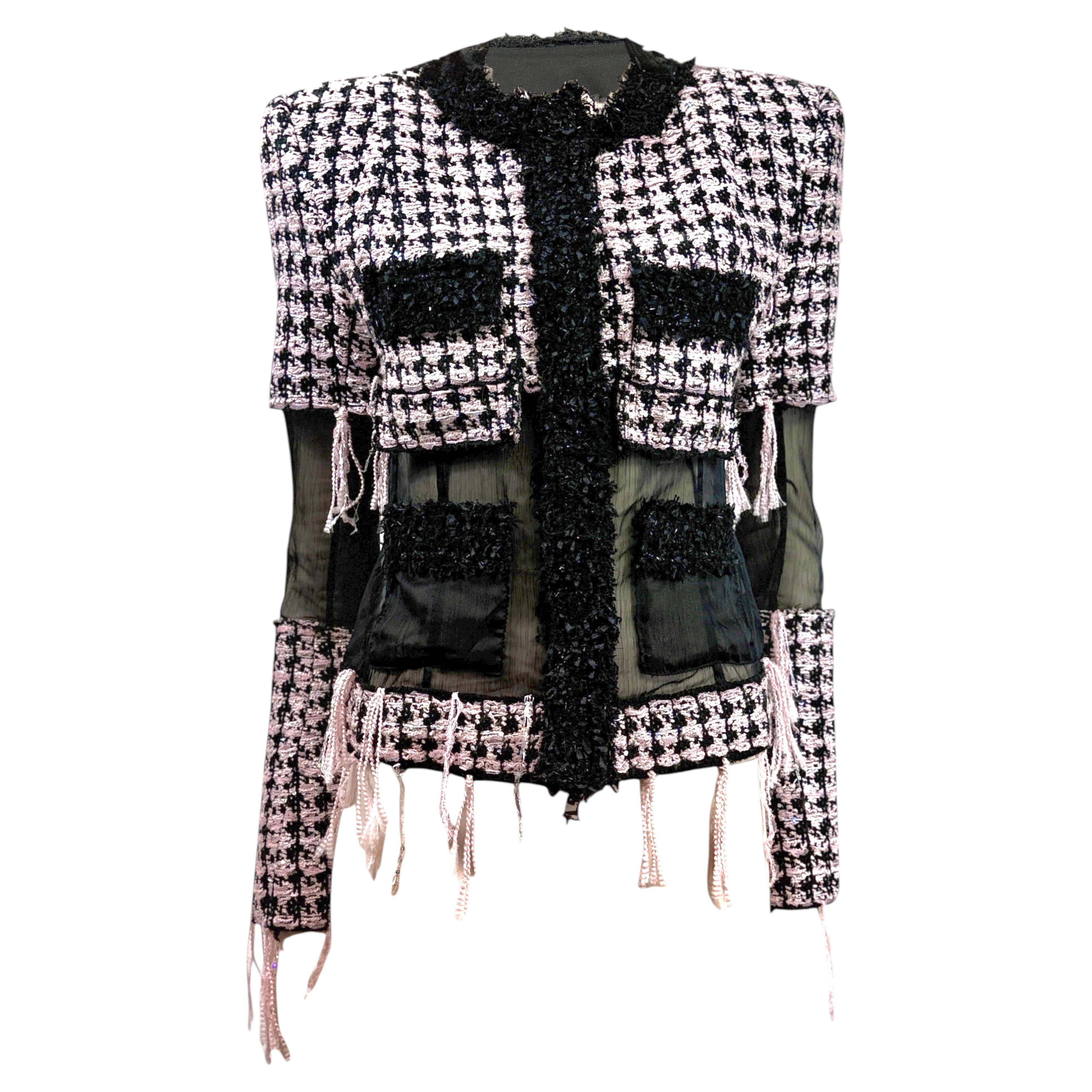 Balmain Olivier Rousteing Autunno 2019 Look 20: giacca in tweed con frange nero e rosa in vendita