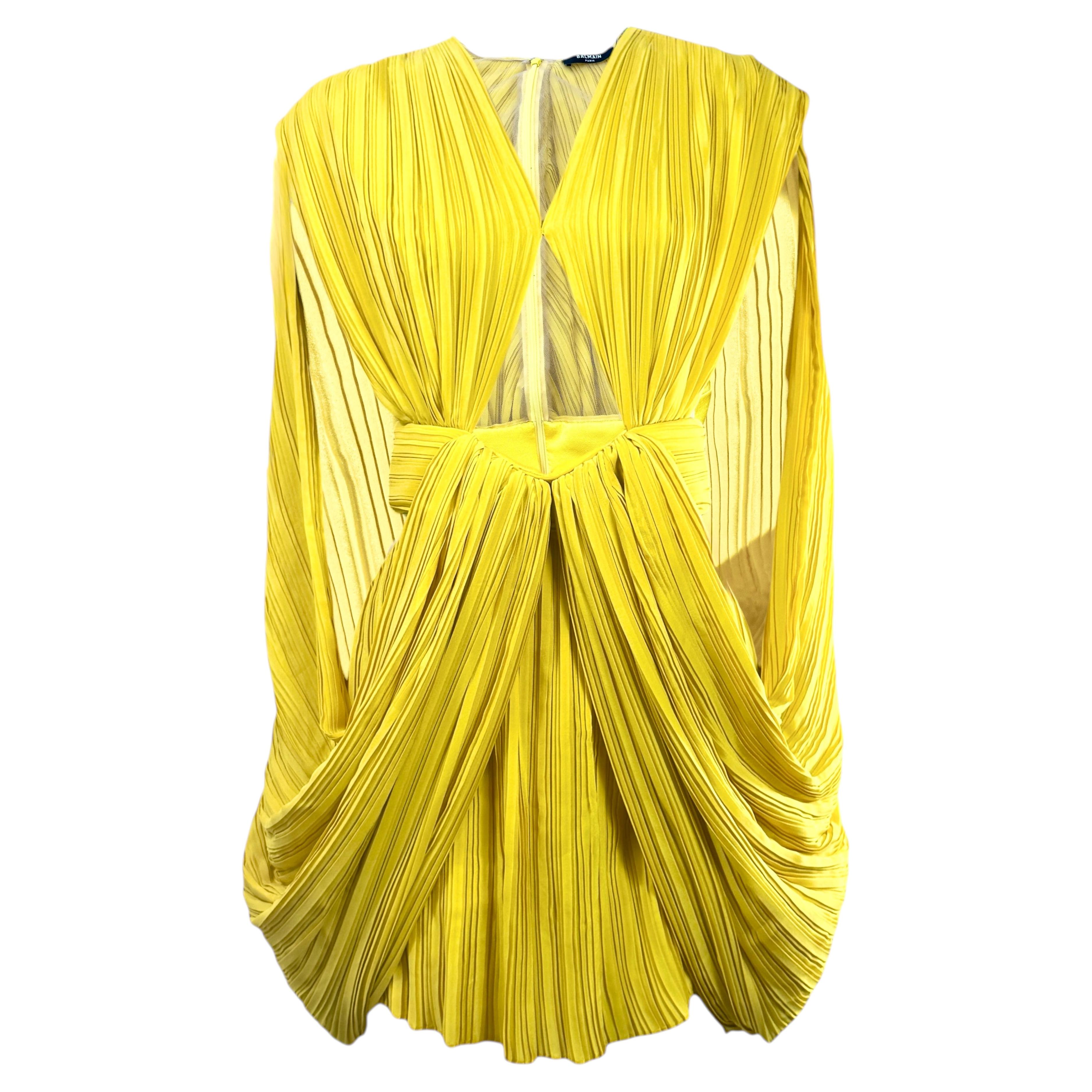 Pre-owned Balmain Olivier Rousteing Spring 2020 Mini Yellow Pleated Dress