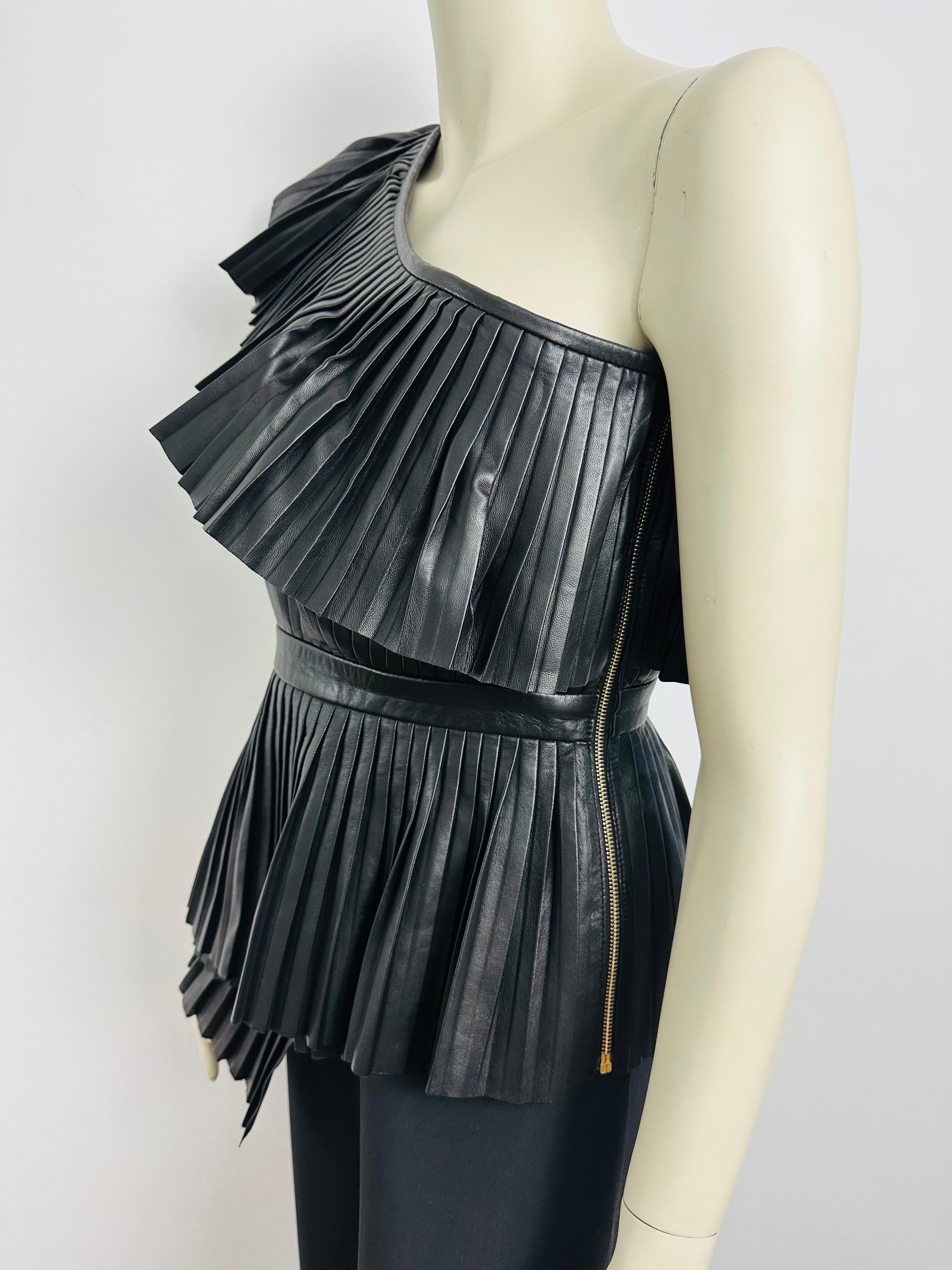 Balmain one shoulder pleated leather top Pre fall 2015 For Sale 3
