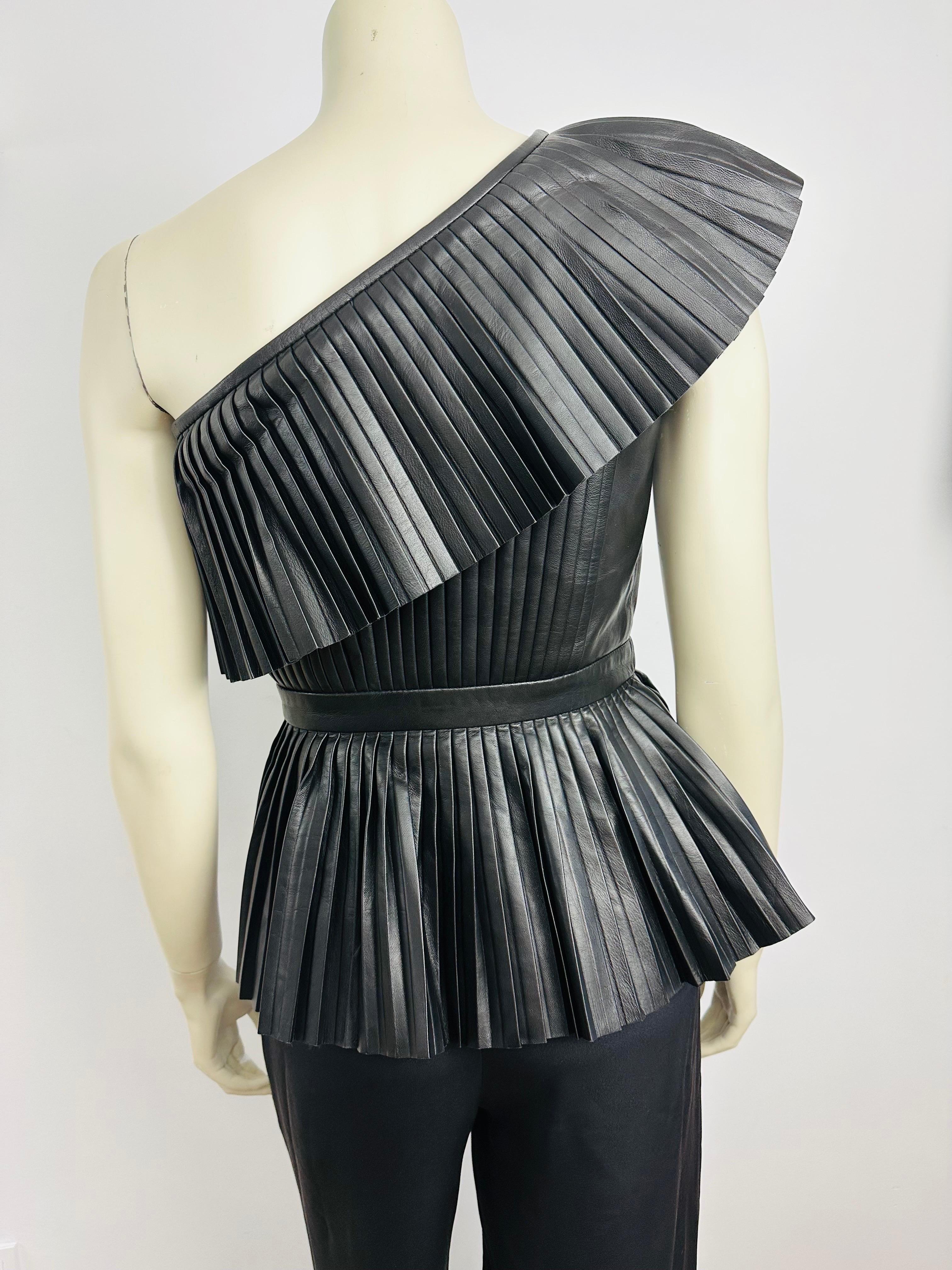 Balmain one shoulder pleated leather top Pre fall 2015 For Sale 4