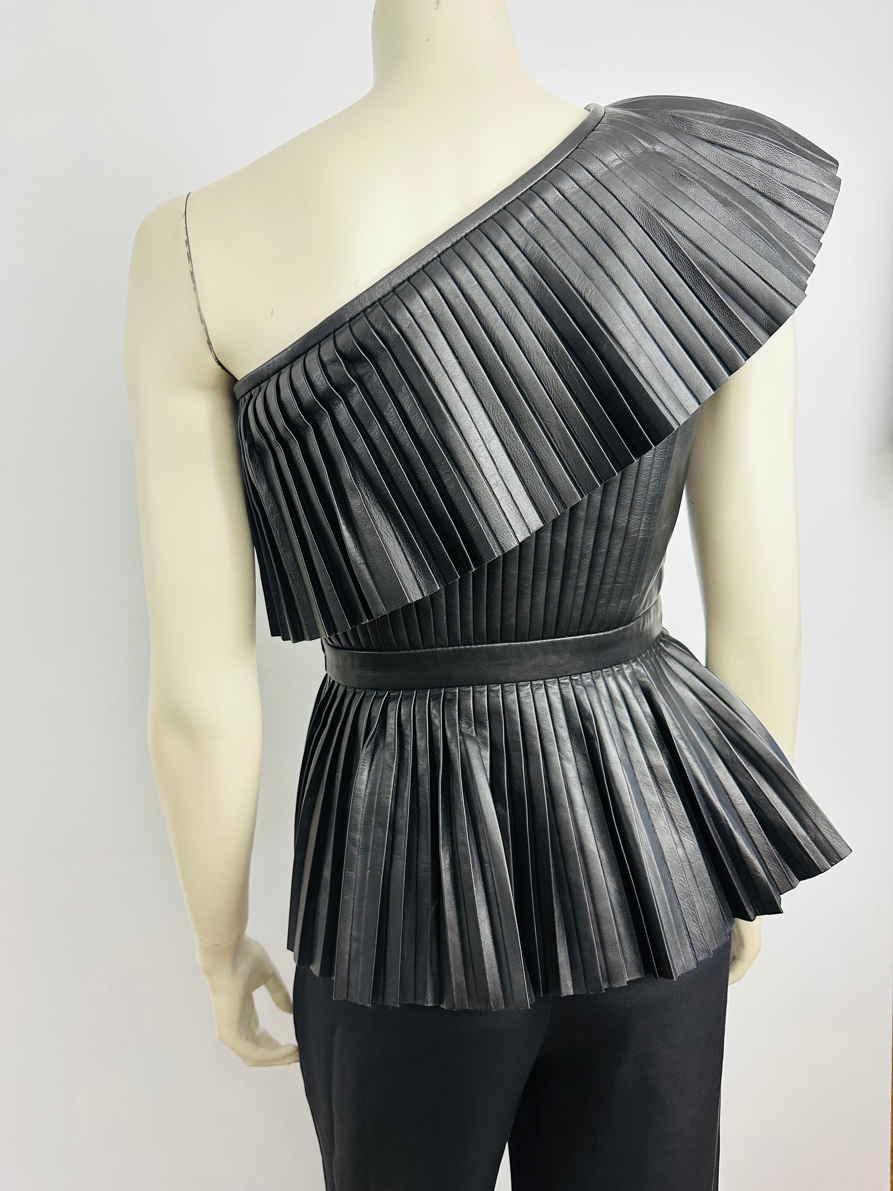 Balmain one shoulder pleated leather top Pre fall 2015 For Sale 5