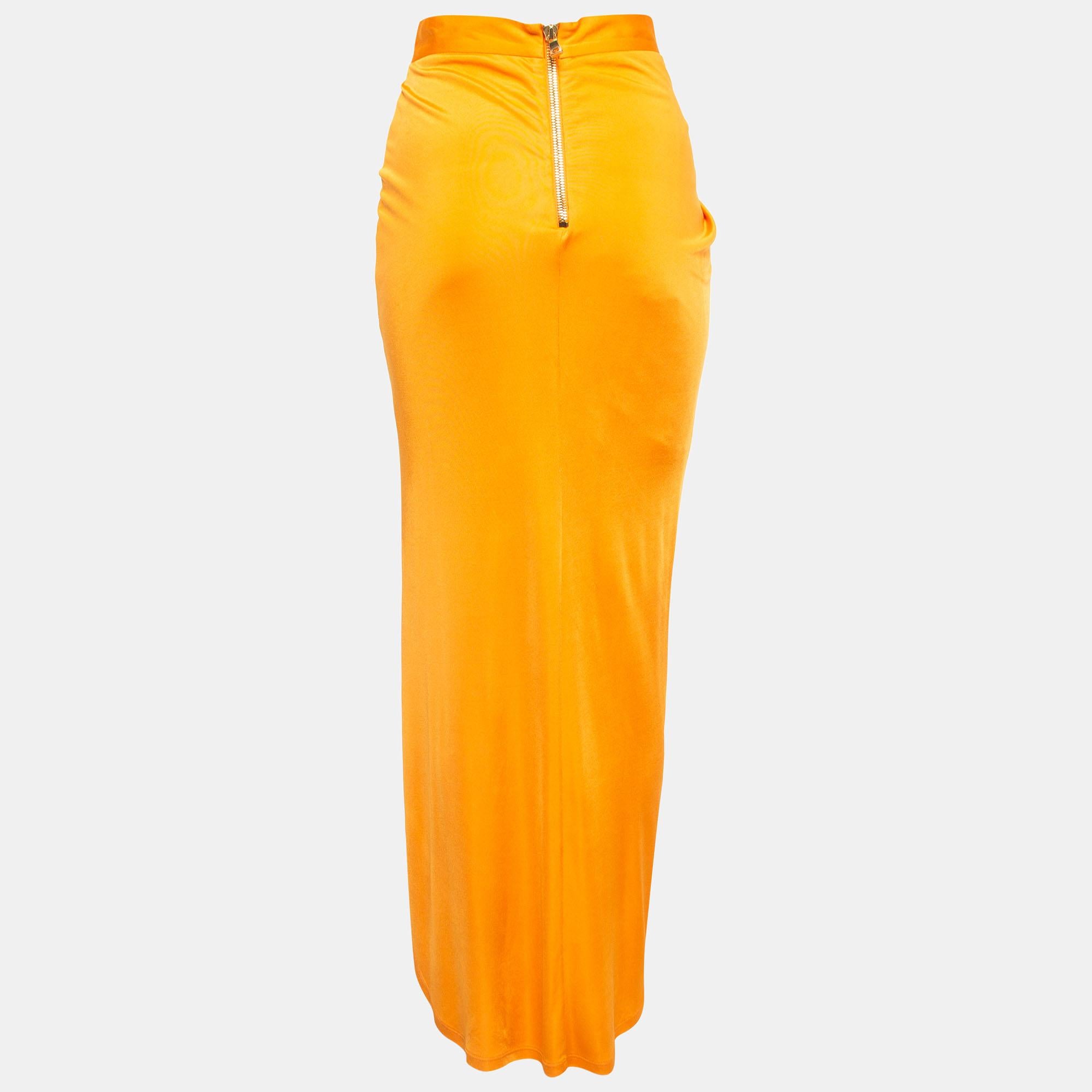 Balmain Orange Jersey High Slit Draped Maxi Skirt S In Good Condition For Sale In Dubai, Al Qouz 2