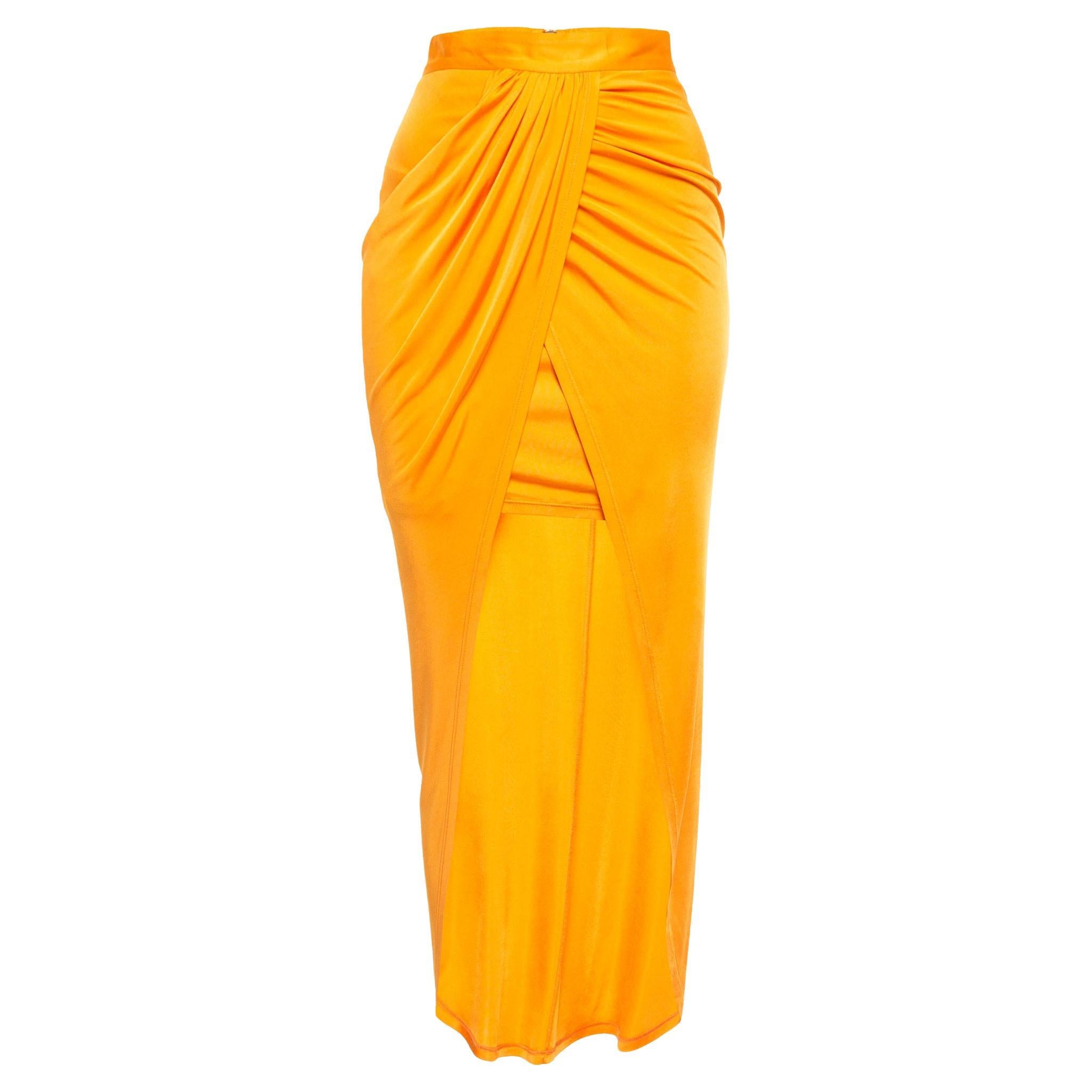 Balmain Orange Jersey High Slit Draped Maxi Skirt S For Sale