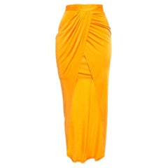 Balmain Orange Jersey High Slit Draped Maxi Skirt S